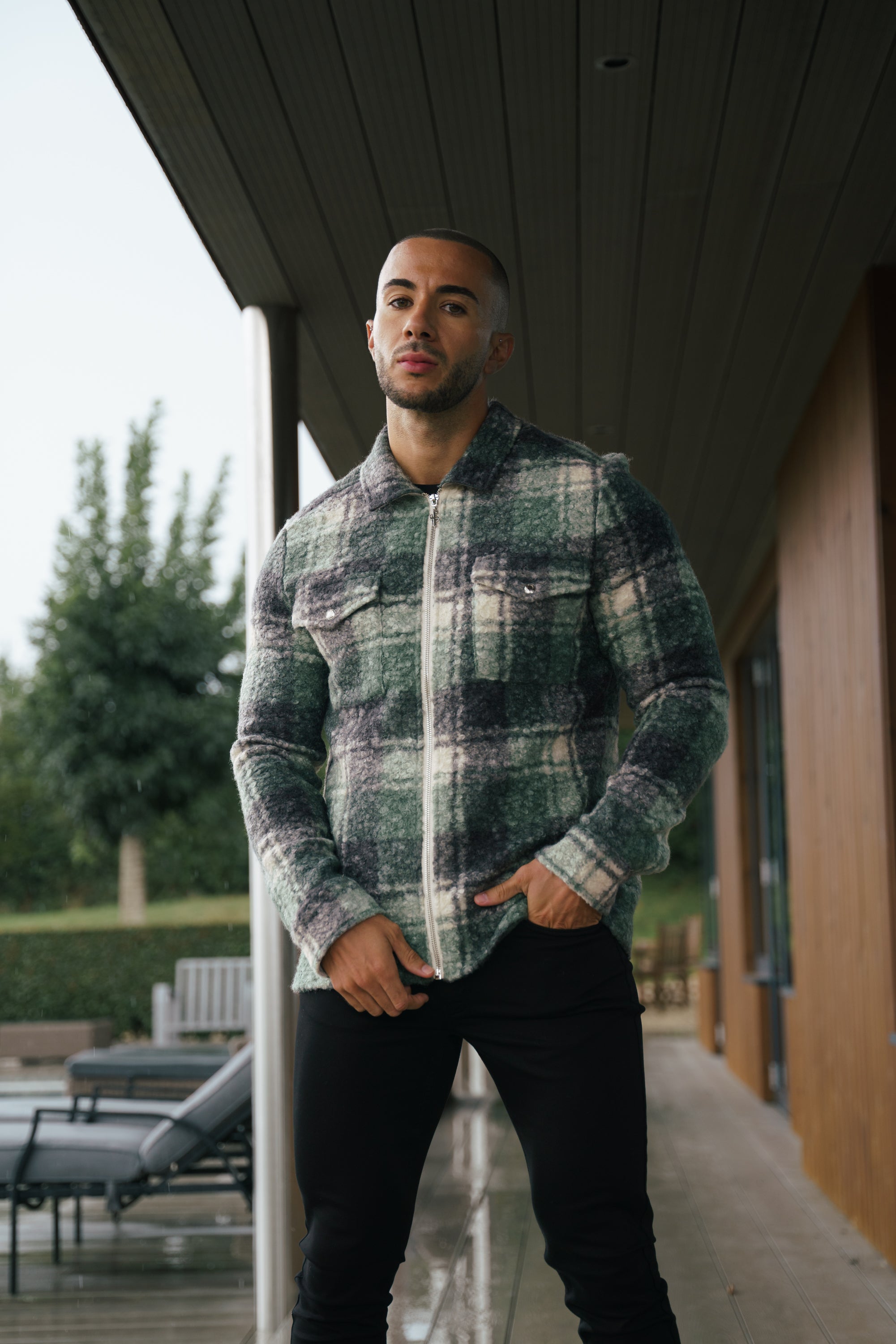 Boucle Zipped Check Jacket Green - FSN156
