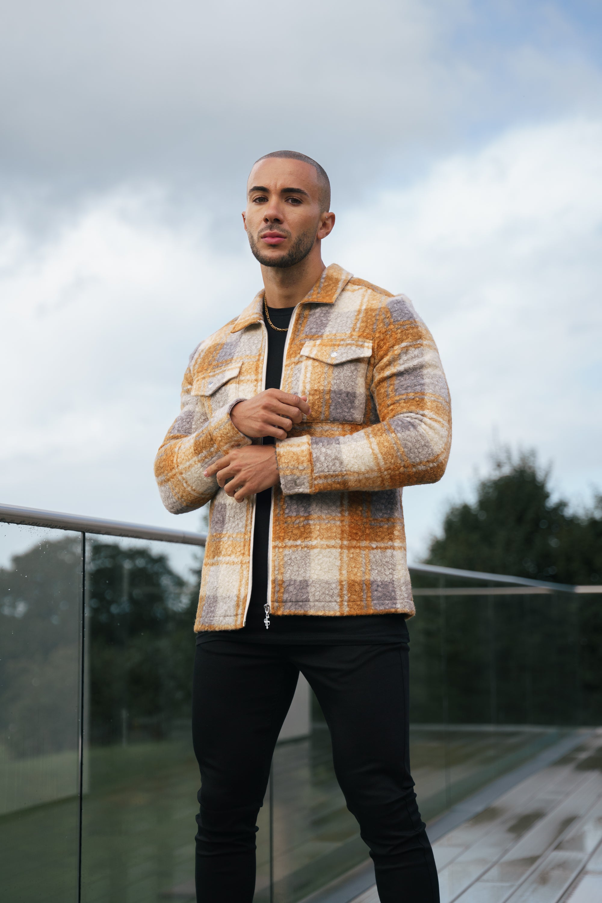 Boucle Zipped Check Jacket Tan - FSN157