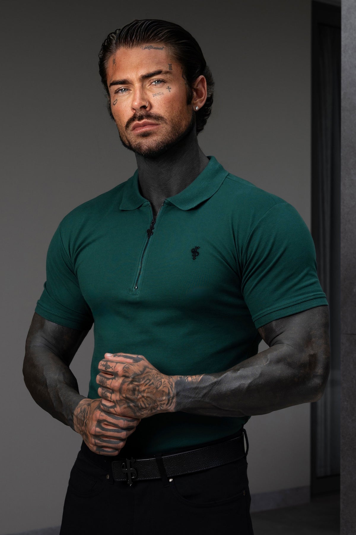 Classic Forest Green and Black Zipped Polo Shirt - FSH1537