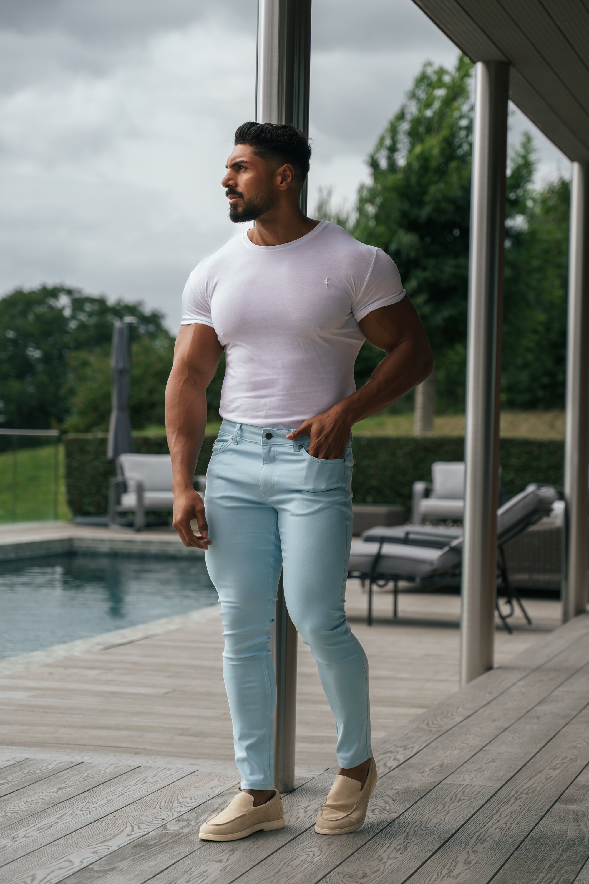 Slim Stretch Pale Blue Sateen Trousers - FSH1147