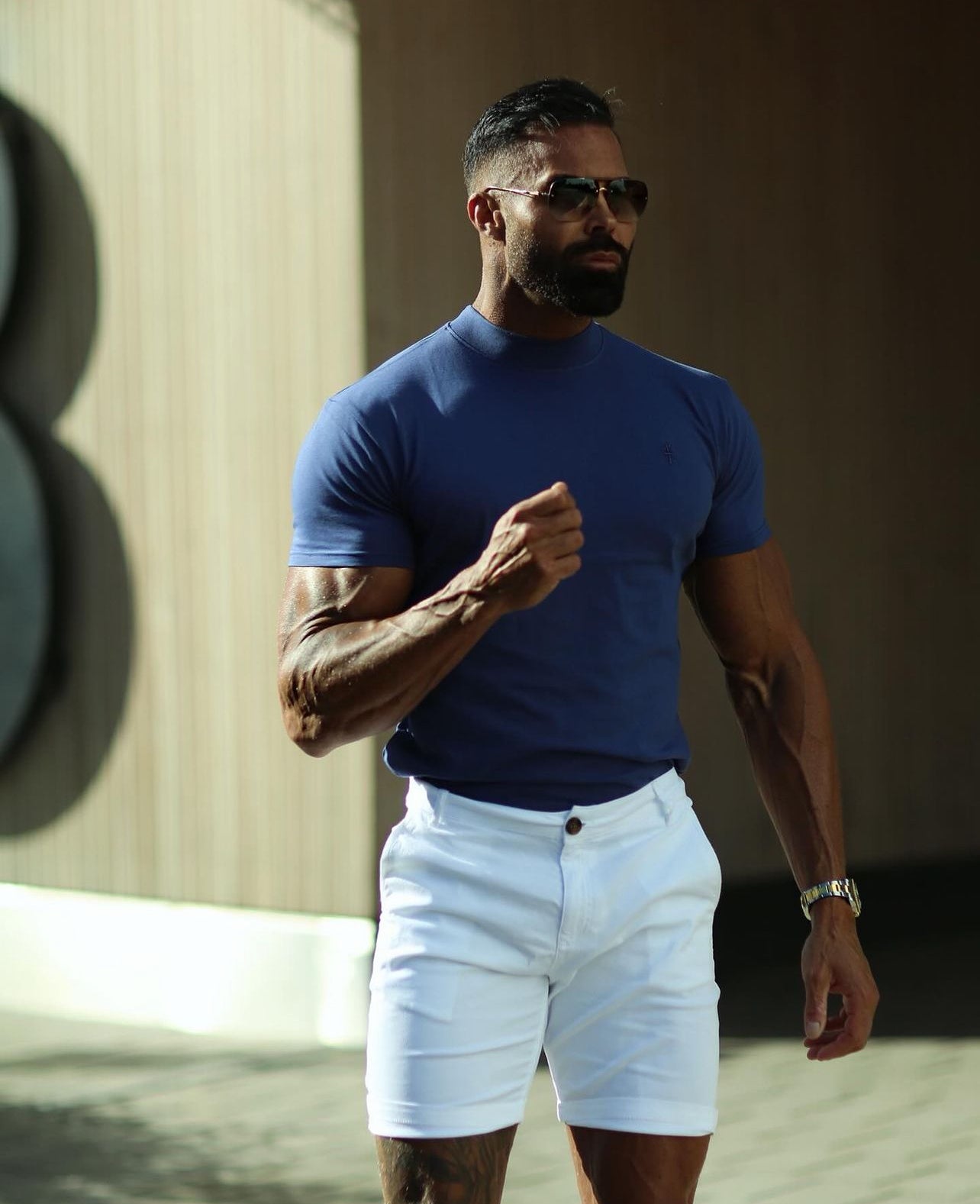 Ribbed High Neck Crew Short Sleeve Light Navy - FSH1009