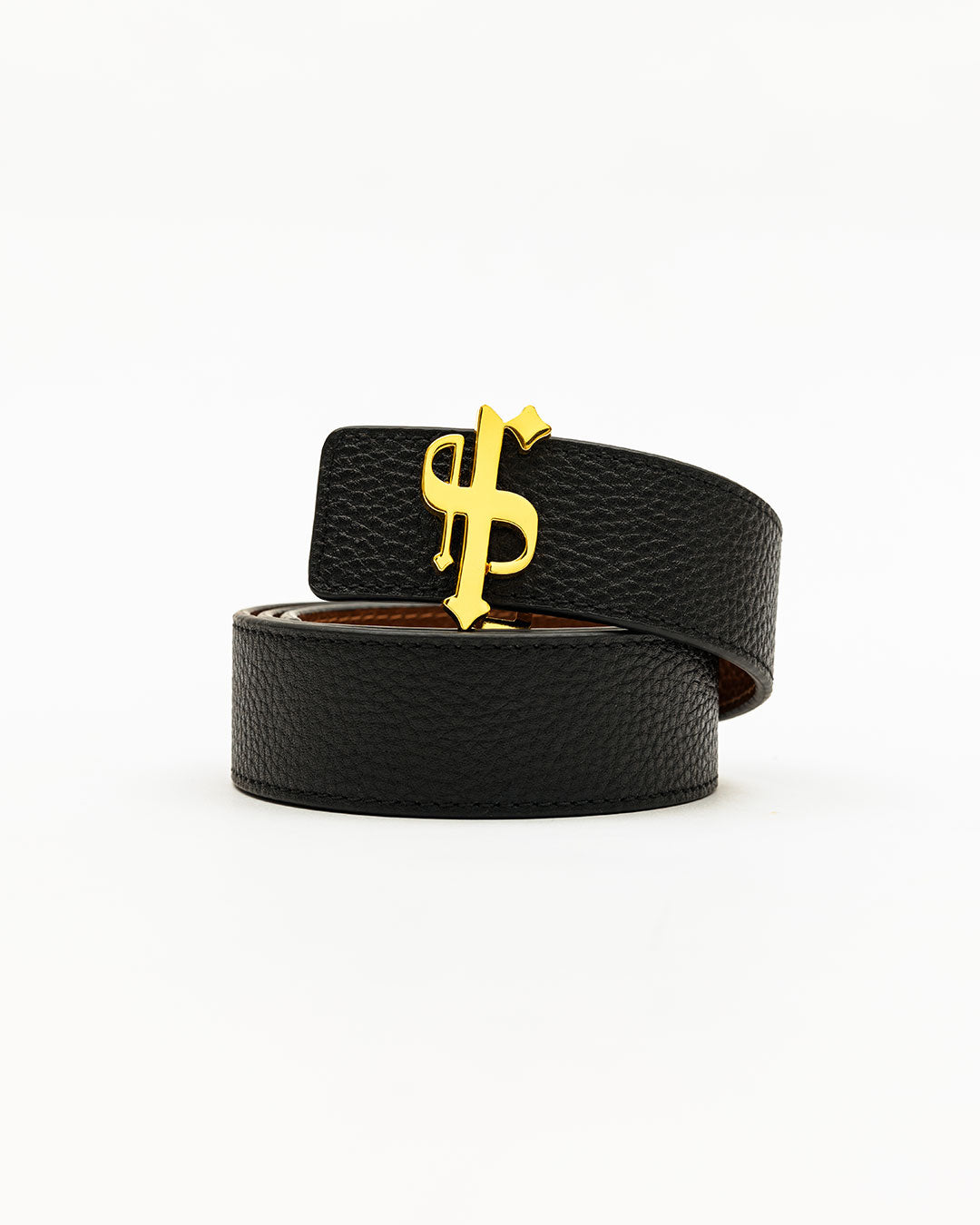 Black / Tan Leather Reversible Belt with Gold FS Buckle - FSBELT001
