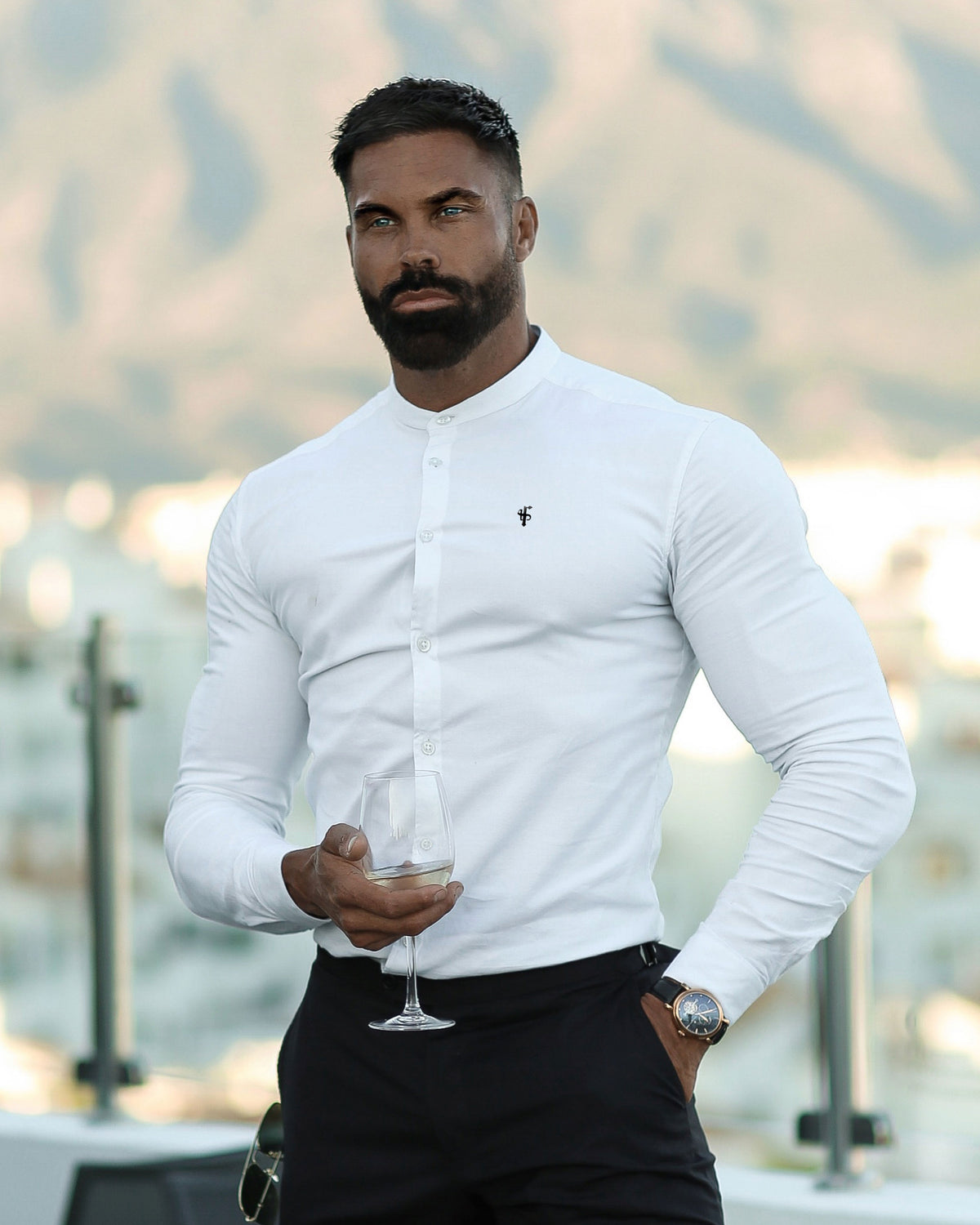 Super Slim Stretch Classic Oxford White Grandad Collar With Black Embroidery - FS732BLK
