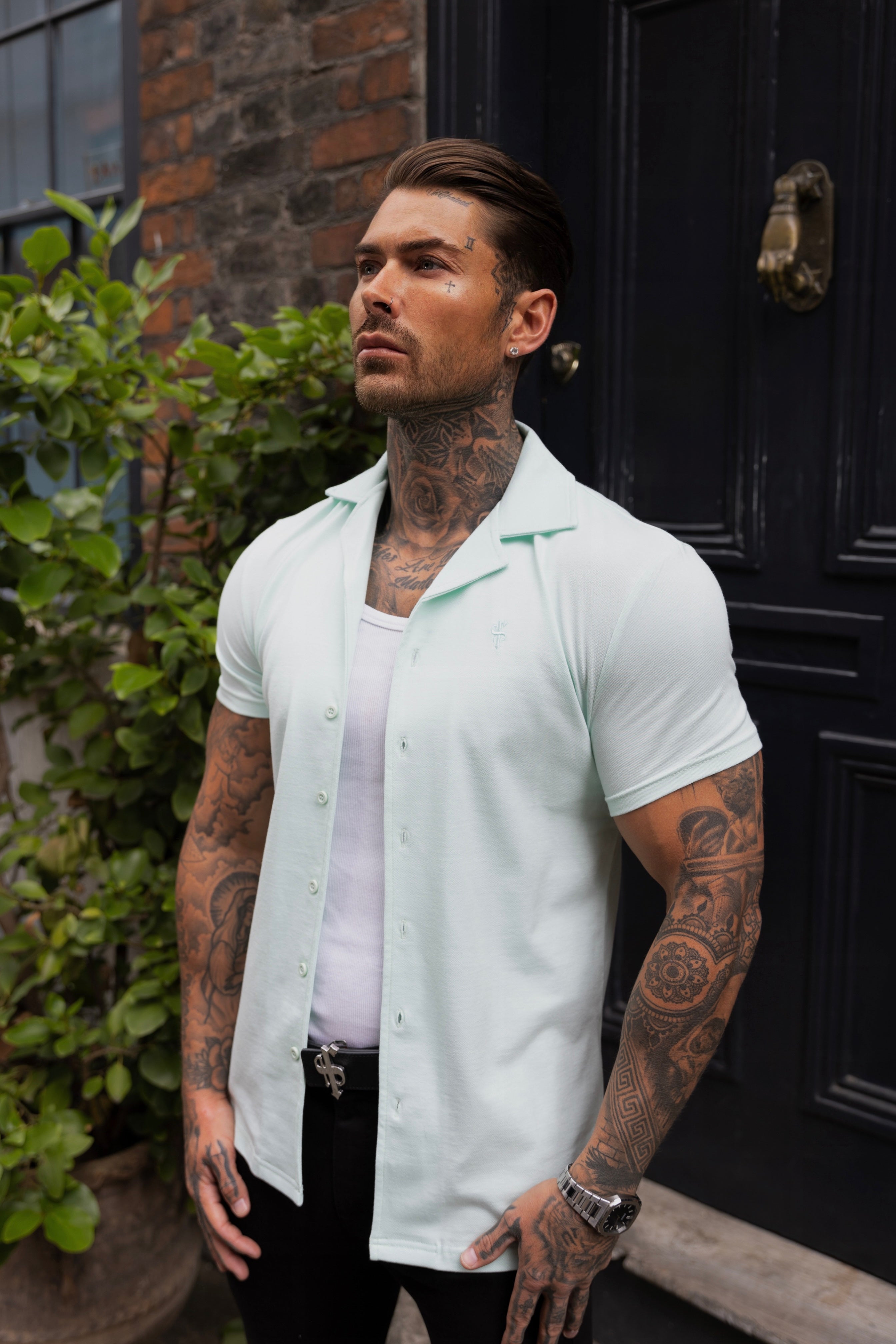 Stretch Mint Pique Revere Shirt Short Sleeve - FSH1078