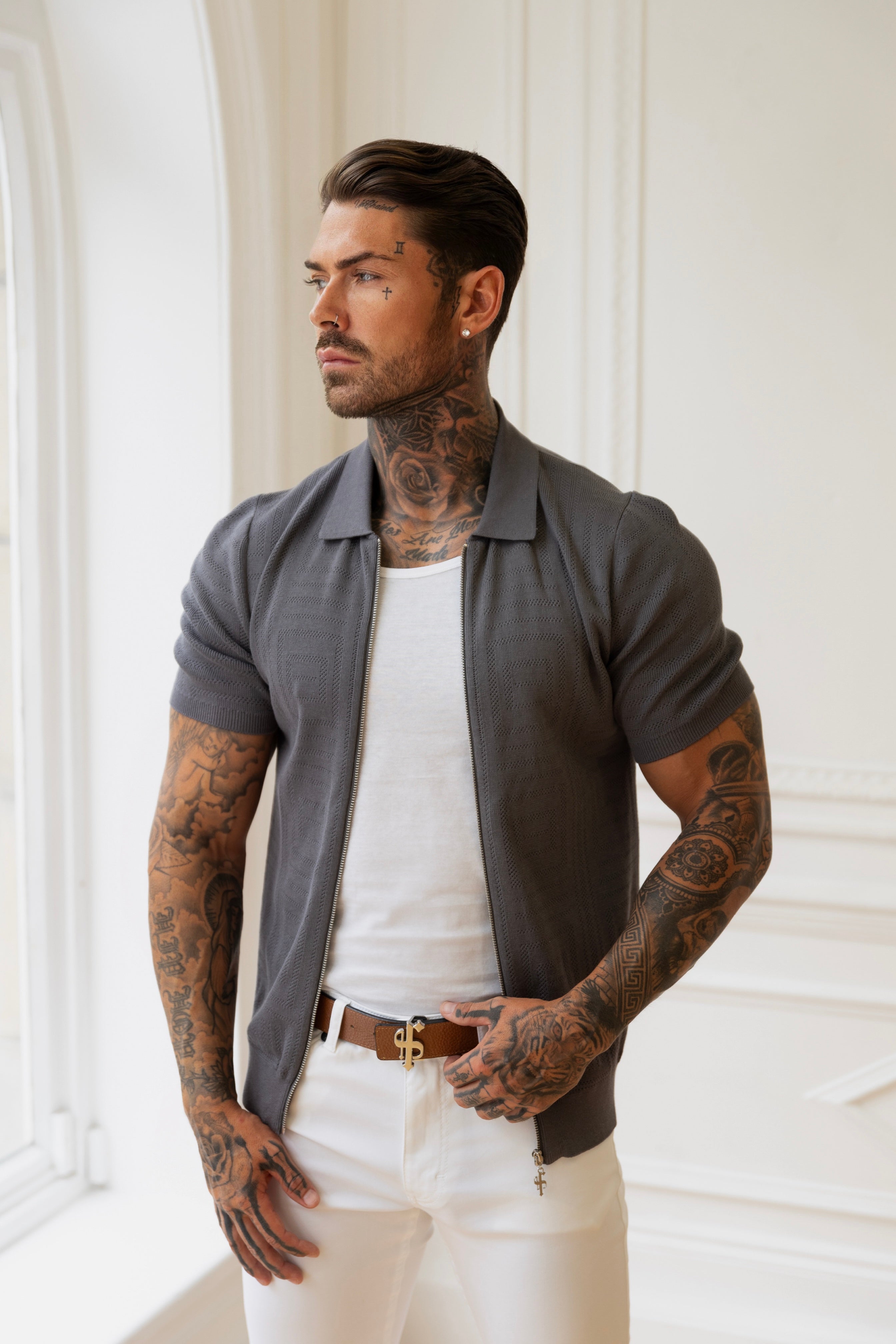 Classic Knitted Geo Design With Full Length Zip Gunmetal Short Sleeve - FSN150