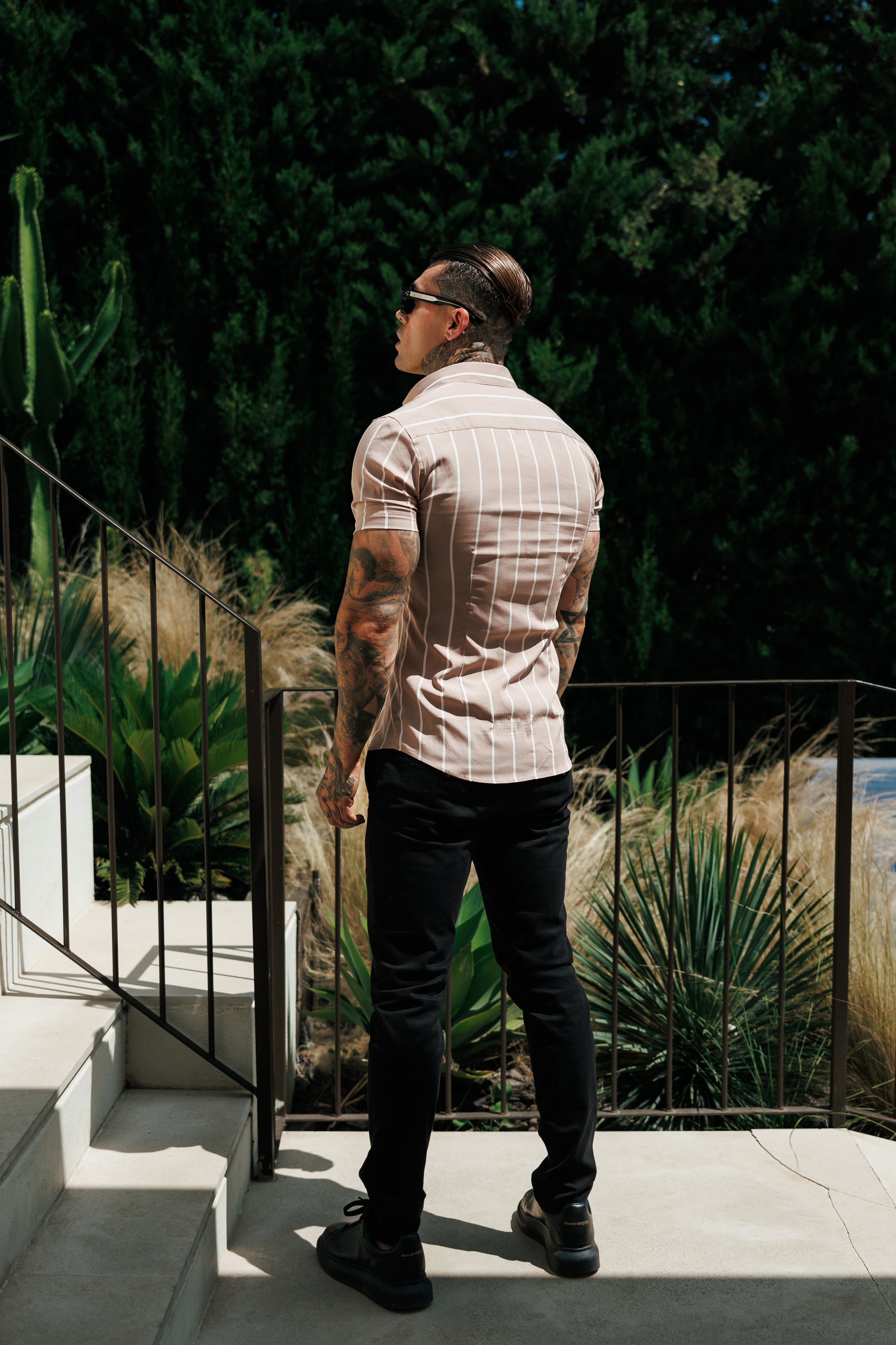 Super Slim Stretch Taupe Printed Wide Stripe Short Sleeve with Button Down Collar - FS1066