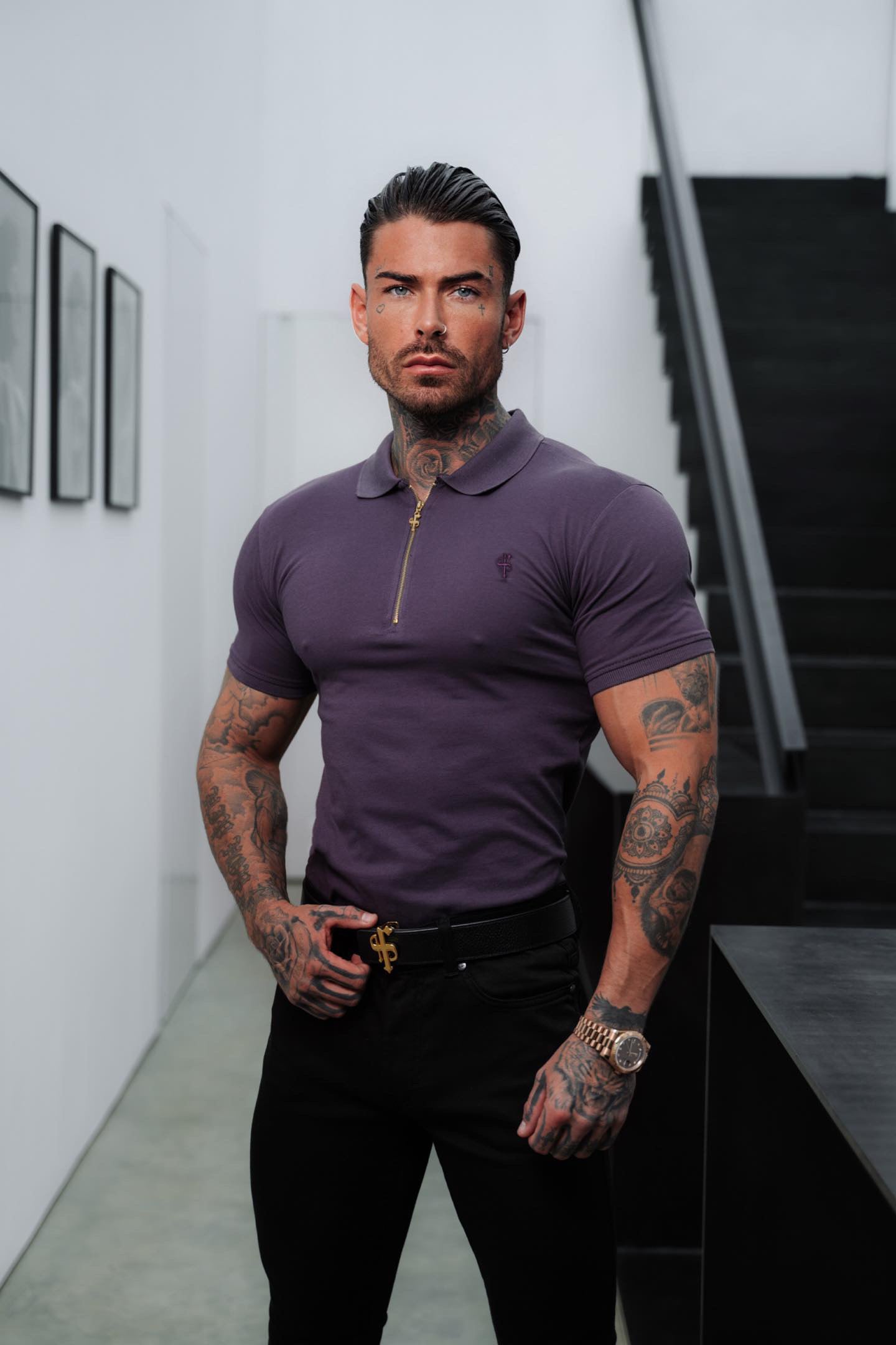 Classic Plum and Gold Zipped Polo Shirt - FSH855
