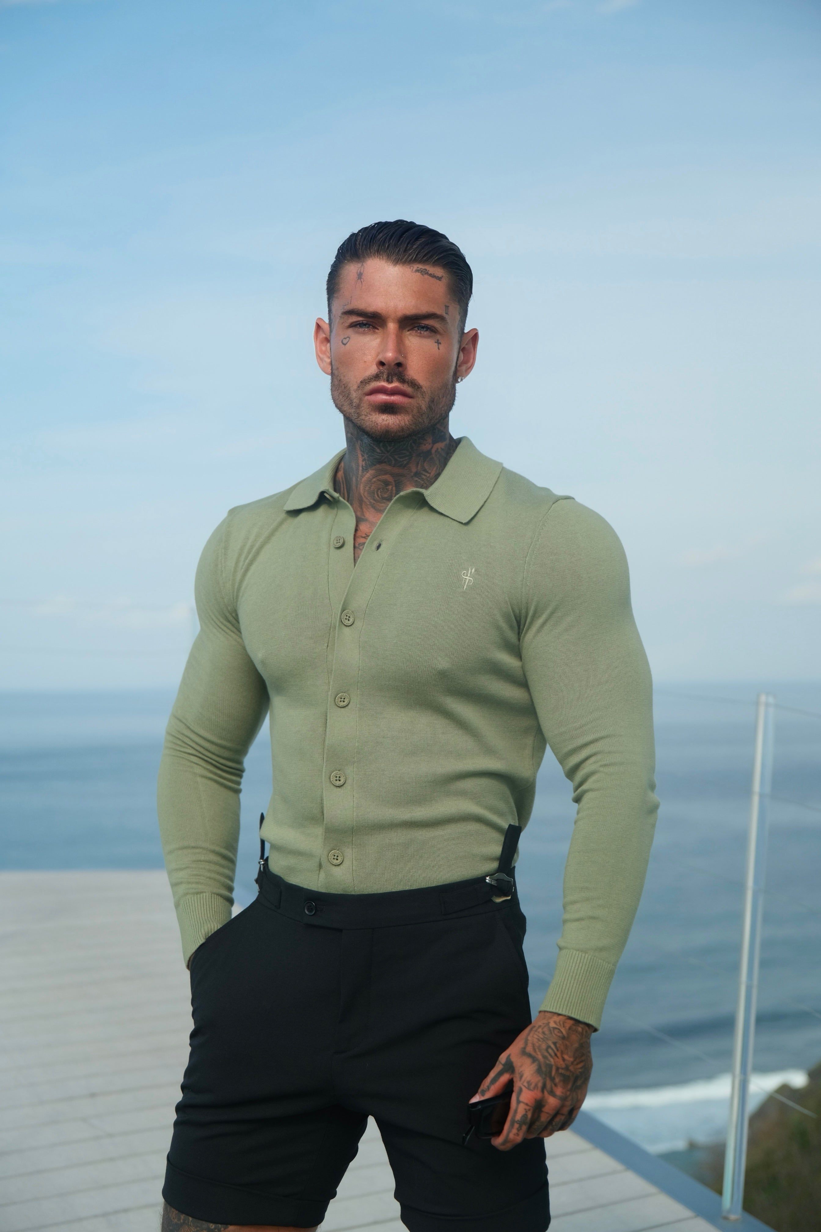 Classic Plain Olive Knitted Button Through Polo Long Sleeve - FSN170