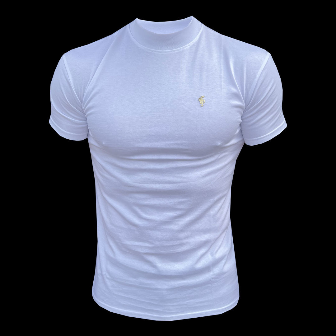 Ribbed High Neck Crew Short Sleeve White / Gold - FSH1006