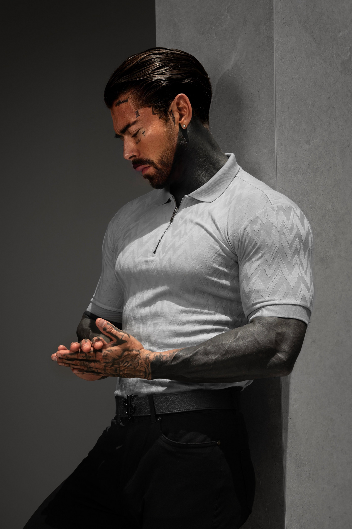Classic Jacquard Light Grey Chevron Zipped Polo - FSR063