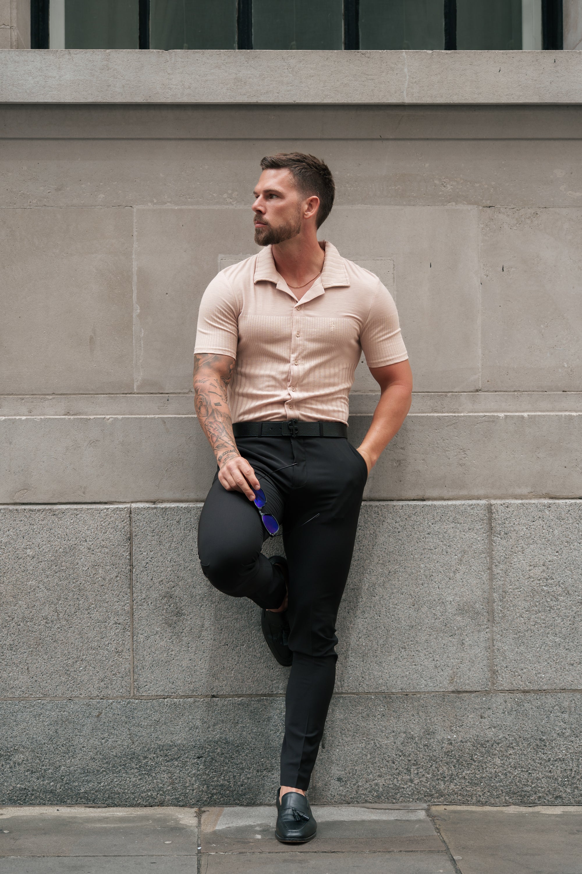 Jersey Revere Vertical Stripe Beige Shirt Short Sleeve - FSR026