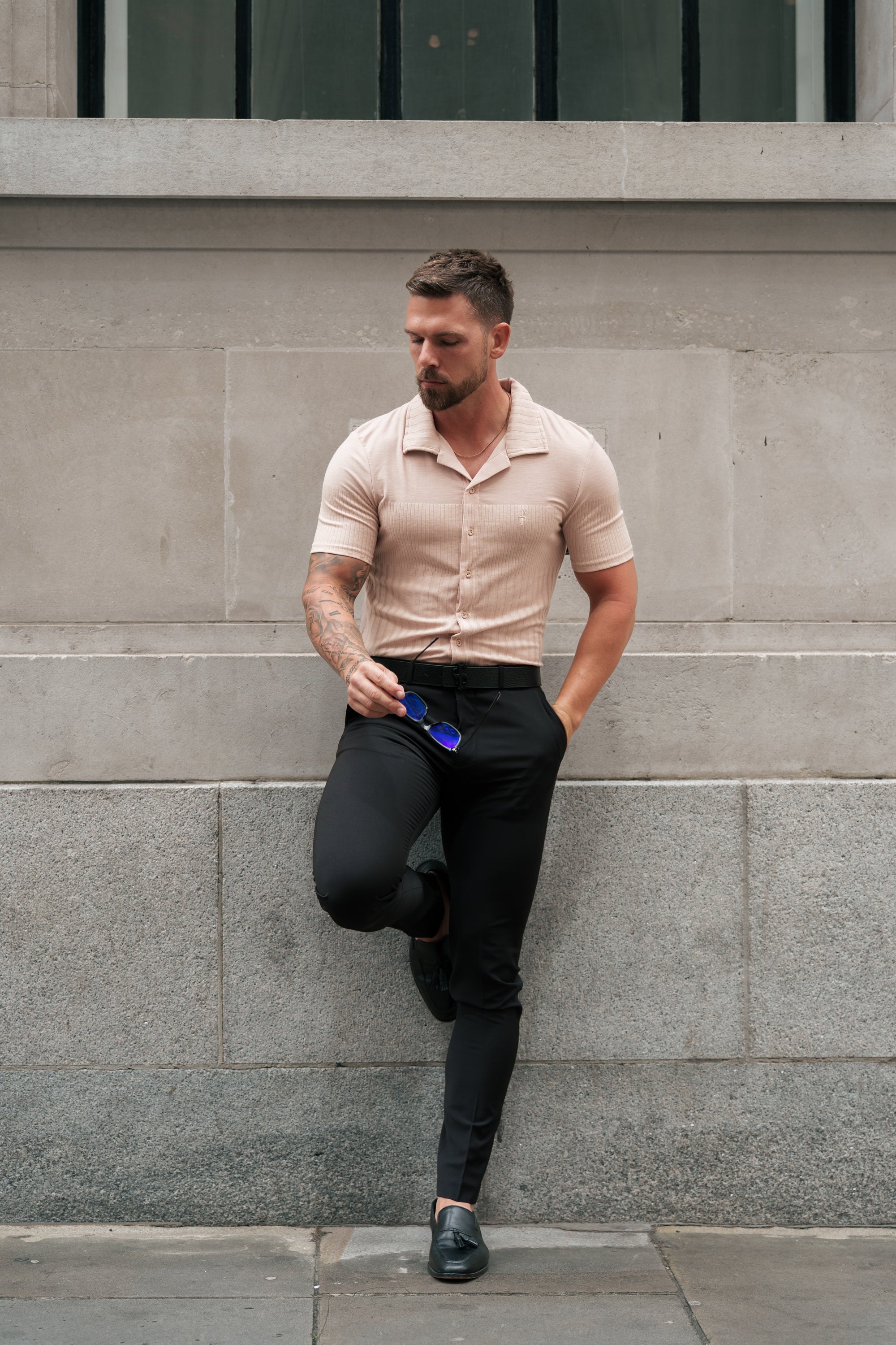 Jersey Revere Vertical Stripe Beige Shirt Short Sleeve - FSR026