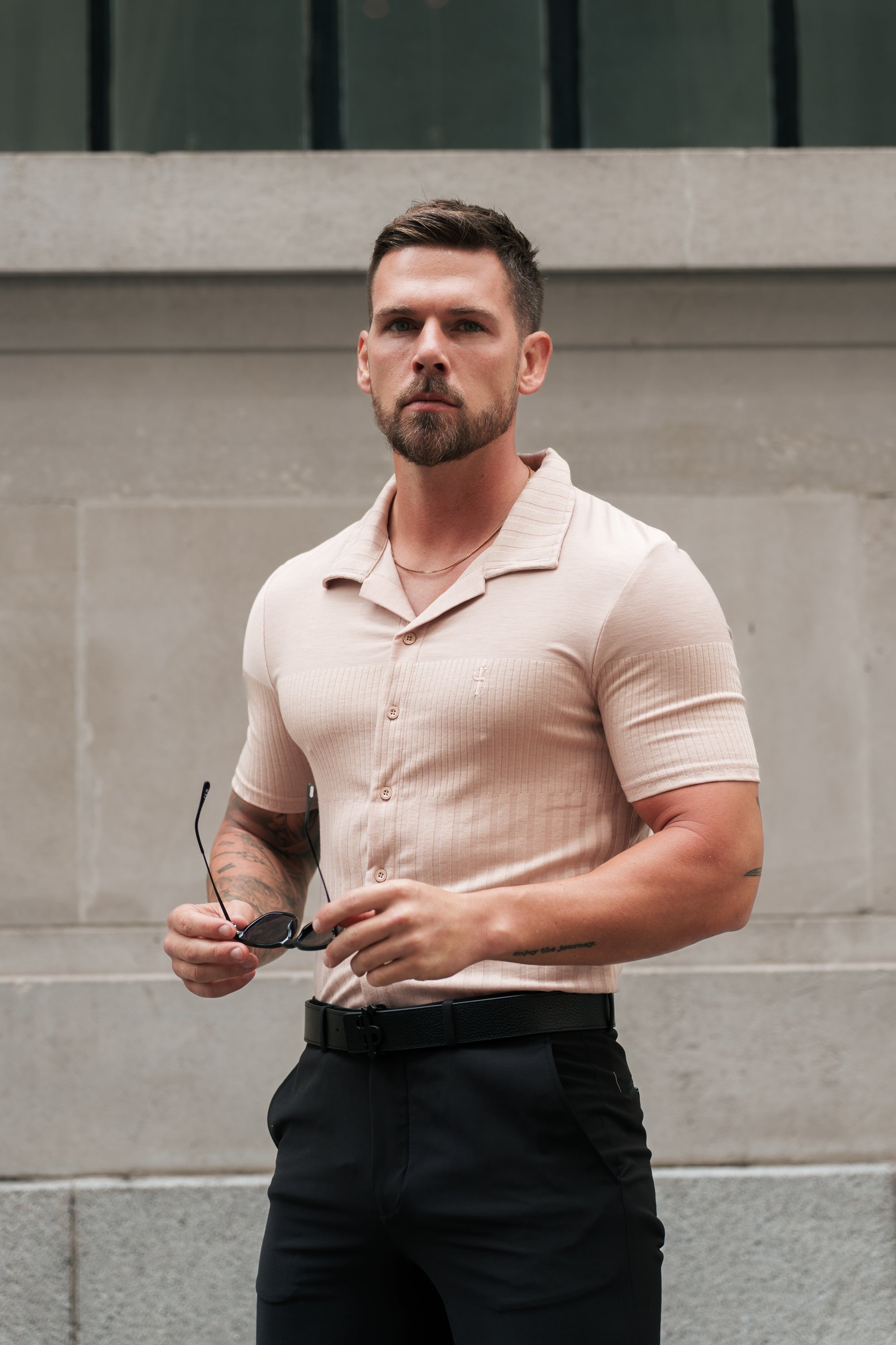 Jersey Revere Vertical Stripe Beige Shirt Short Sleeve - FSR026