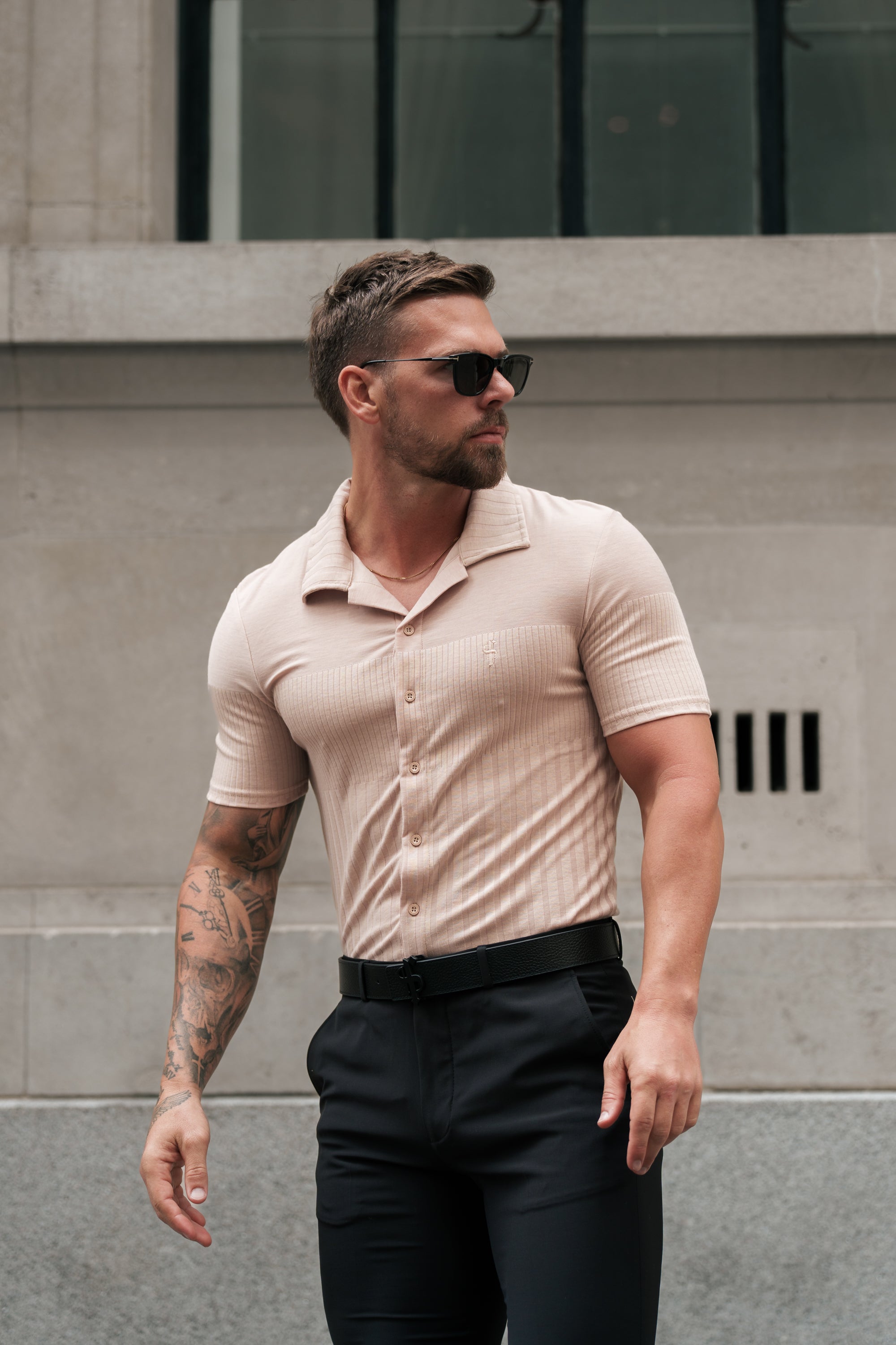 Jersey Revere Vertical Stripe Beige Shirt Short Sleeve - FSR026