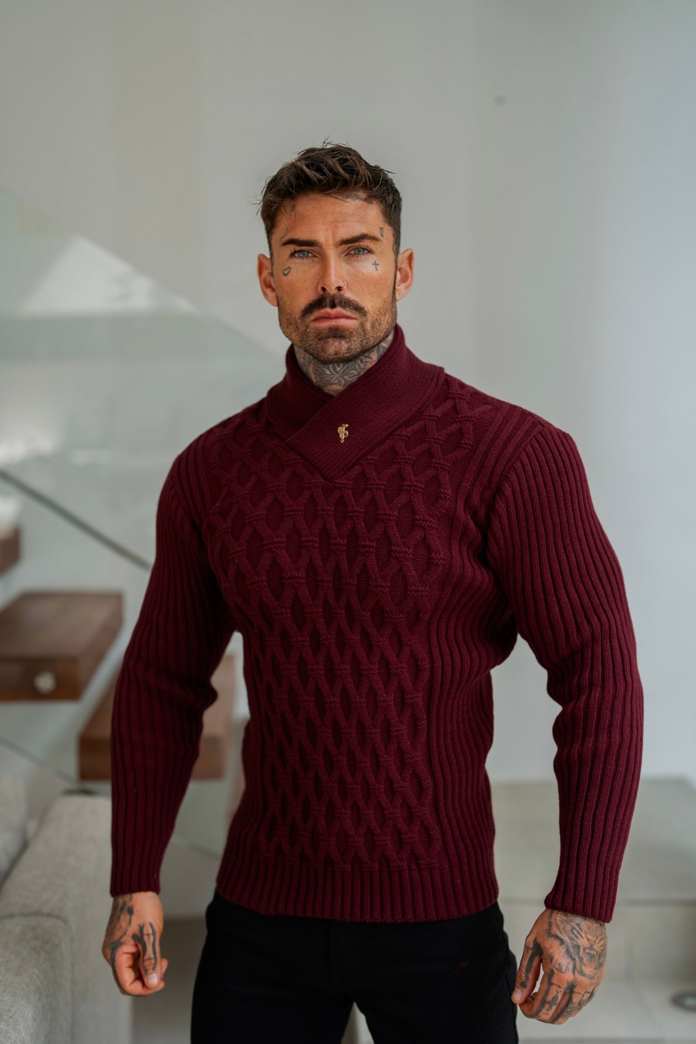 Chunky Cable Knit Burgundy Jumper - FSJ066
