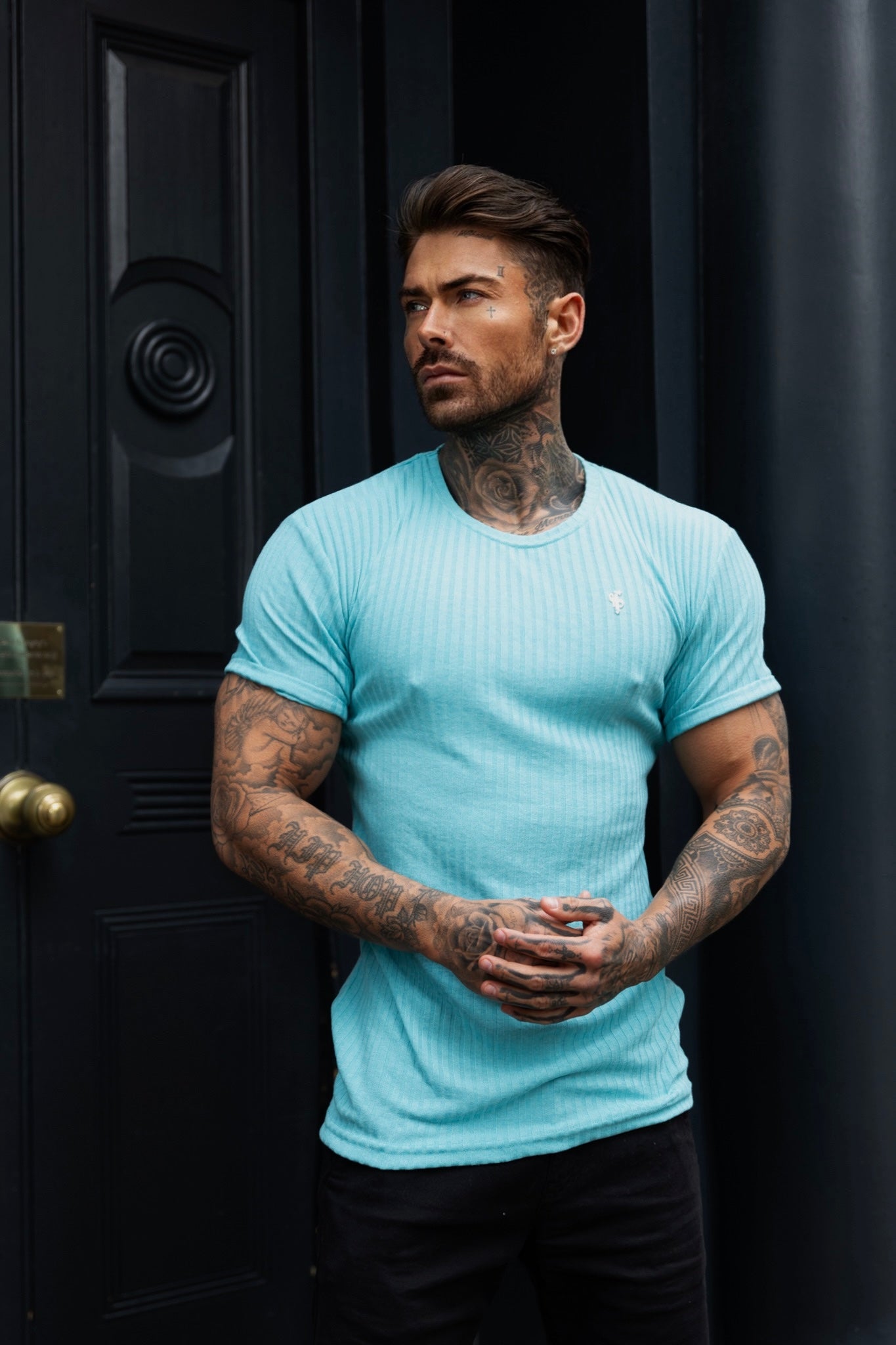 Classic Turquoise / Silver Ribbed Knit Super Slim Short Sleeve Crew - FSH1092