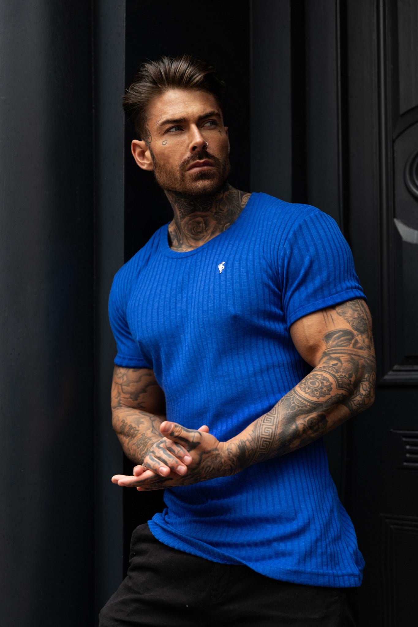 Classic Royal Blue / Silver Ribbed Knit Super Slim Short Sleeve Crew - FSH1091