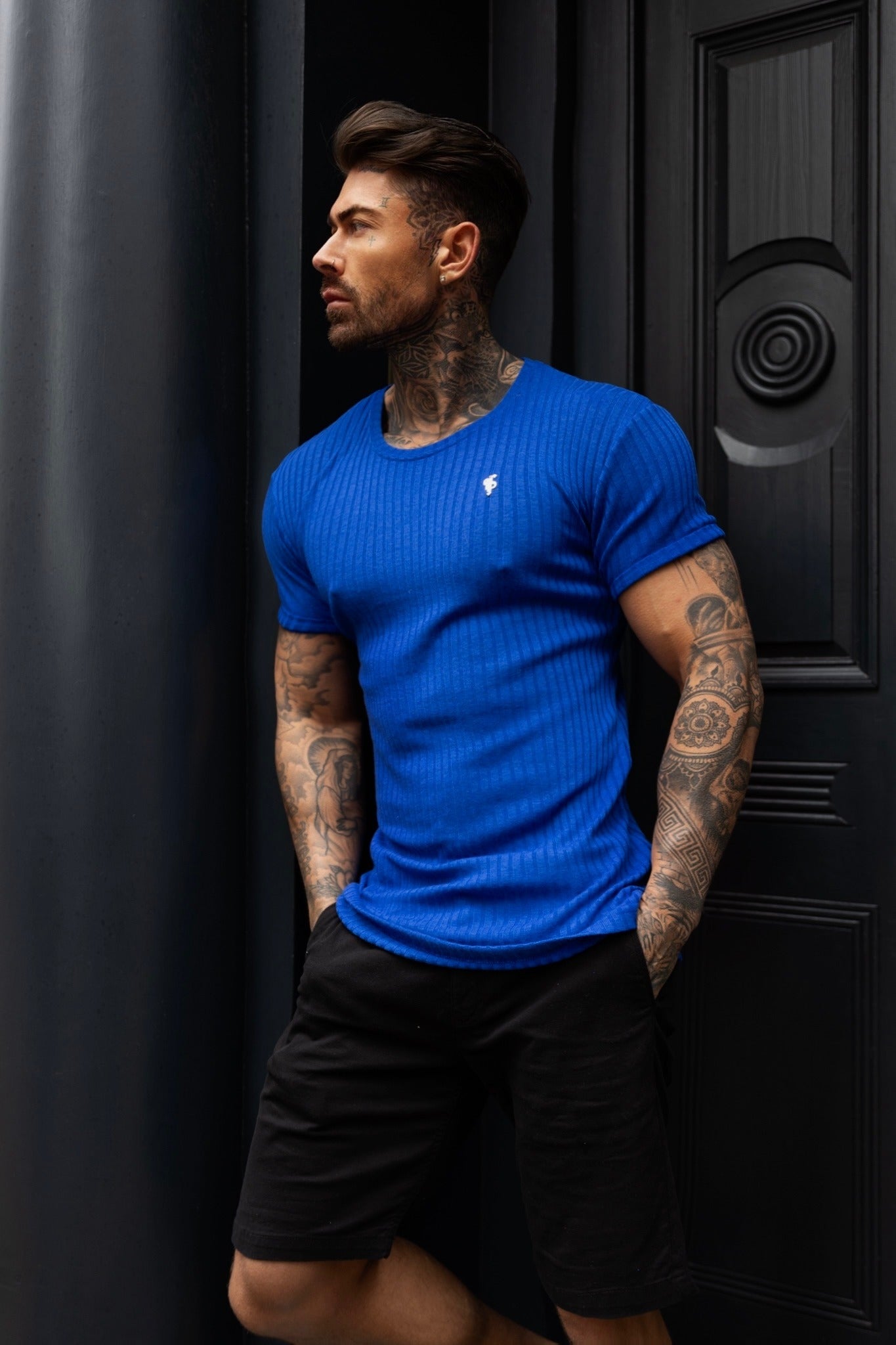 Classic Royal Blue / Silver Ribbed Knit Super Slim Short Sleeve Crew - FSH1091