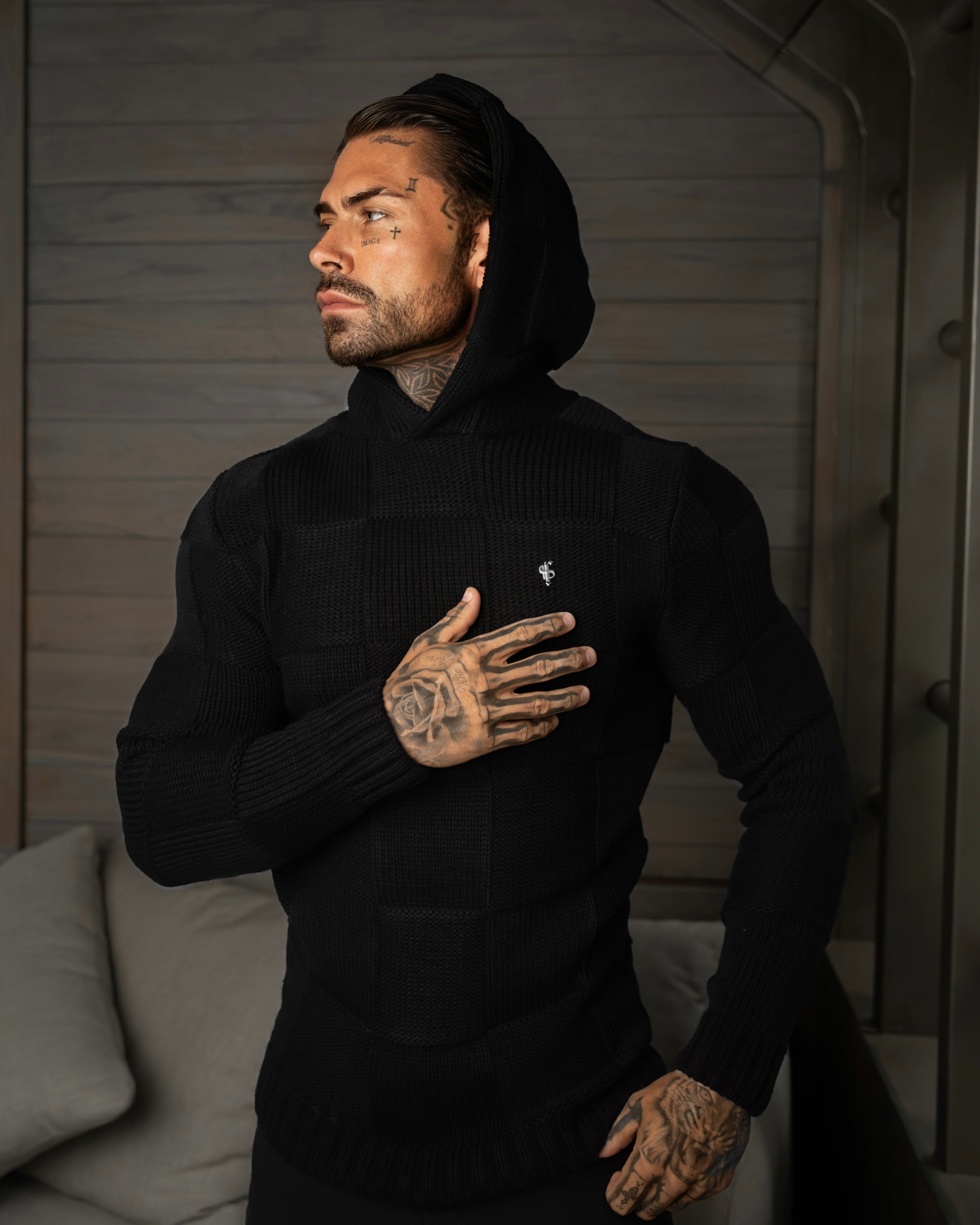 Black Checkerboard Knitted Hoodie - FSJ135