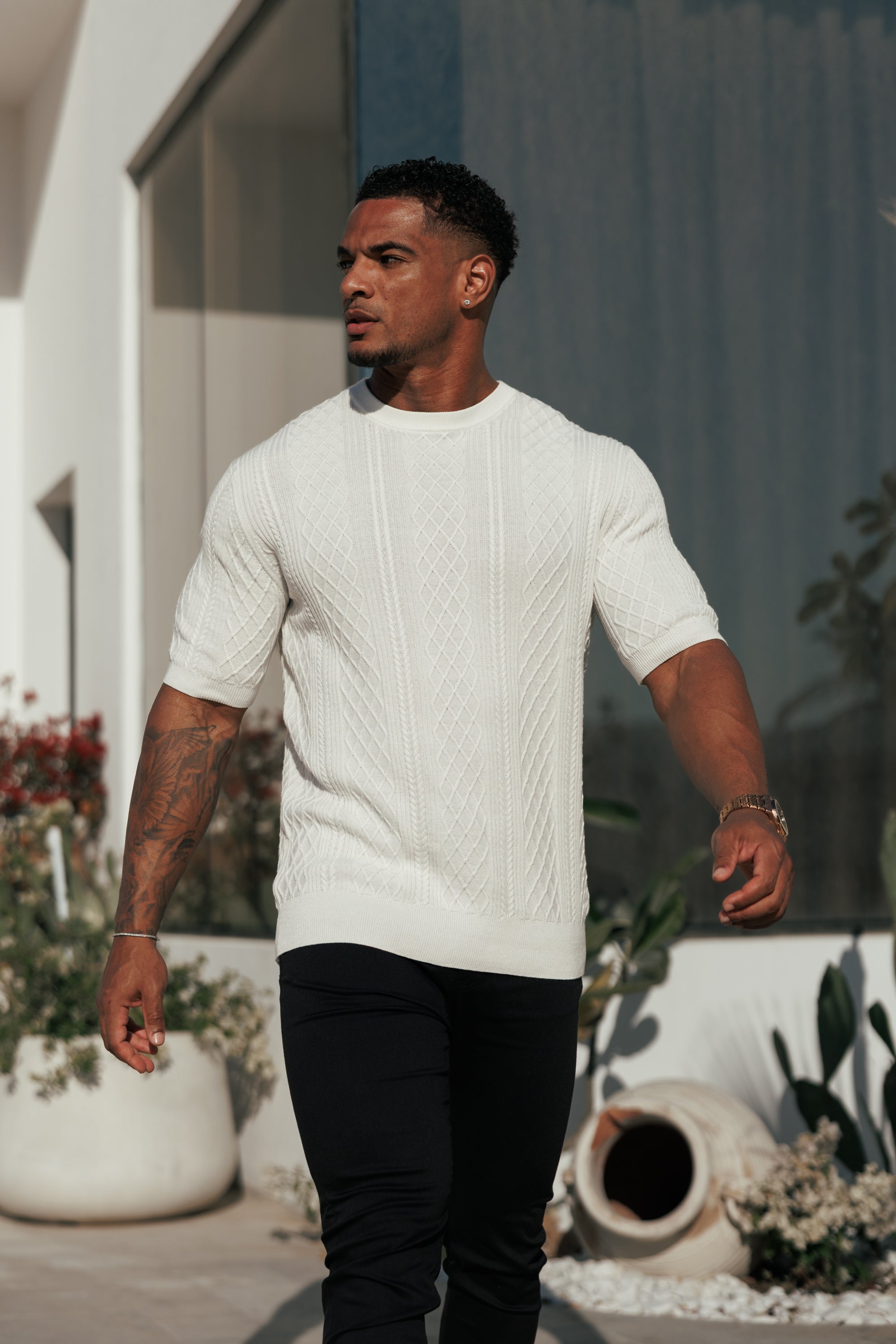 Fine Knit Diamond Off White Jumper Short Sleeve - FSA009