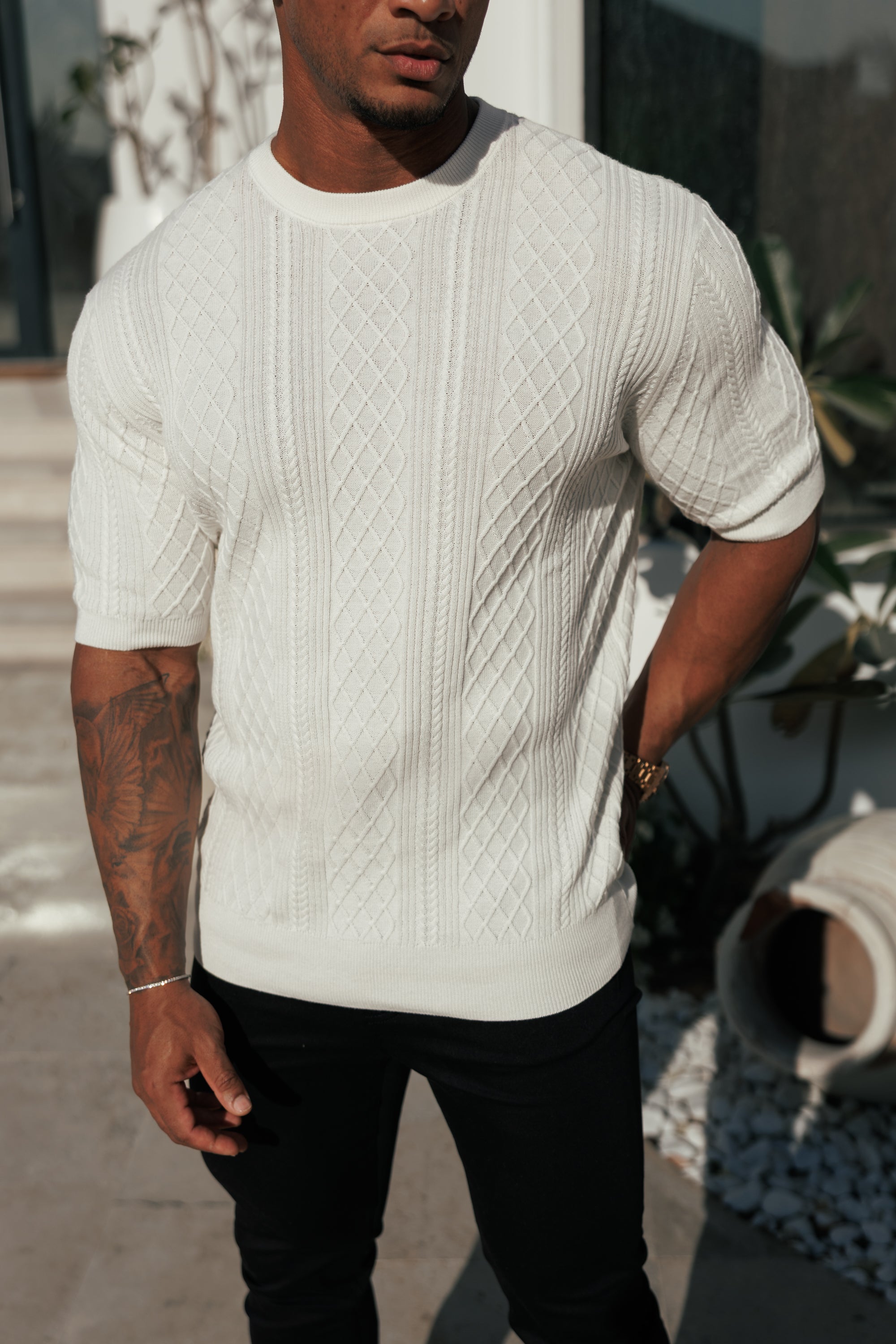 Fine Knit Diamond Off White Jumper Short Sleeve - FSA009