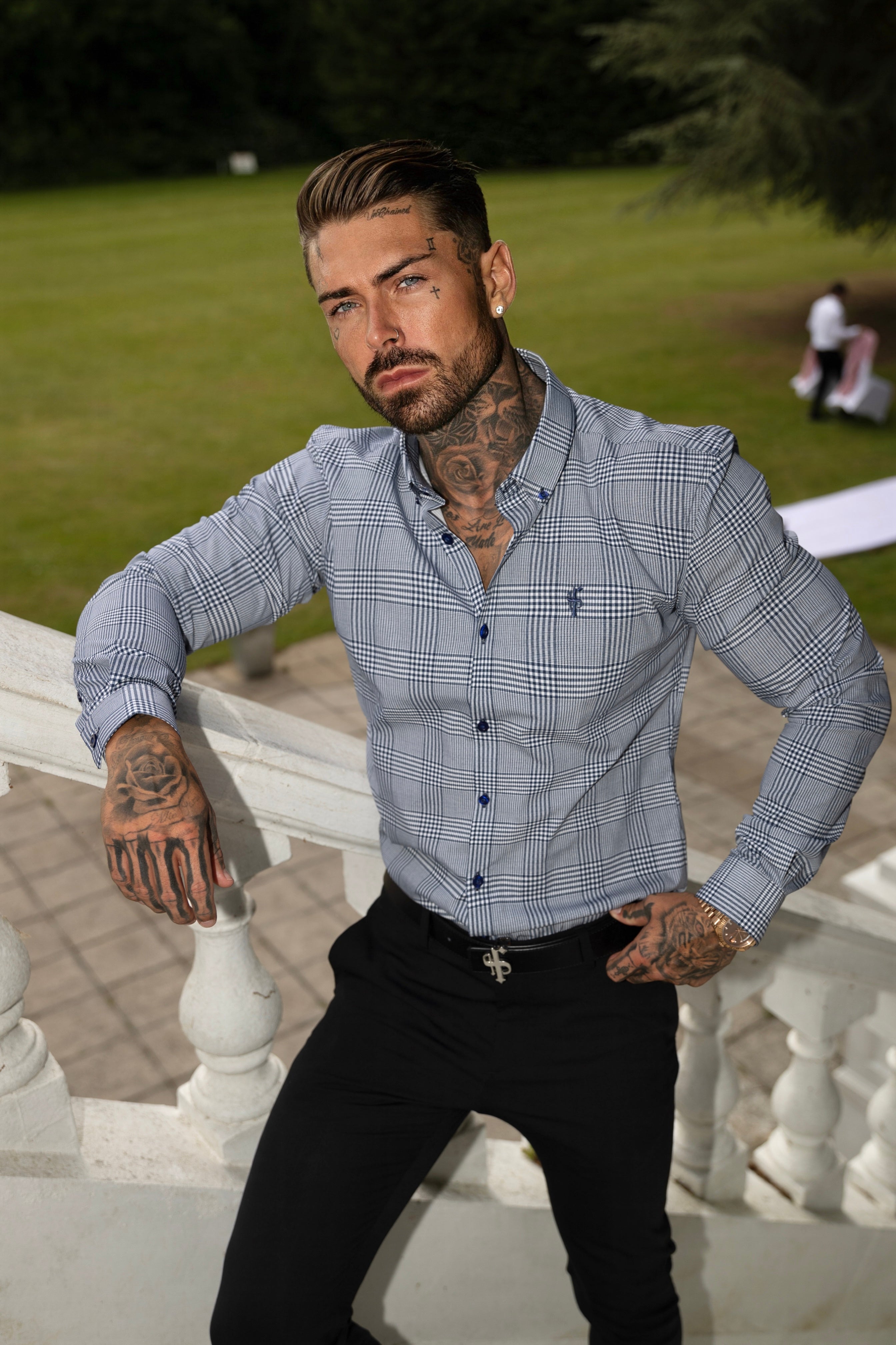 Super Slim Stretch Navy and White Printed Check Long Sleeve - FS1050