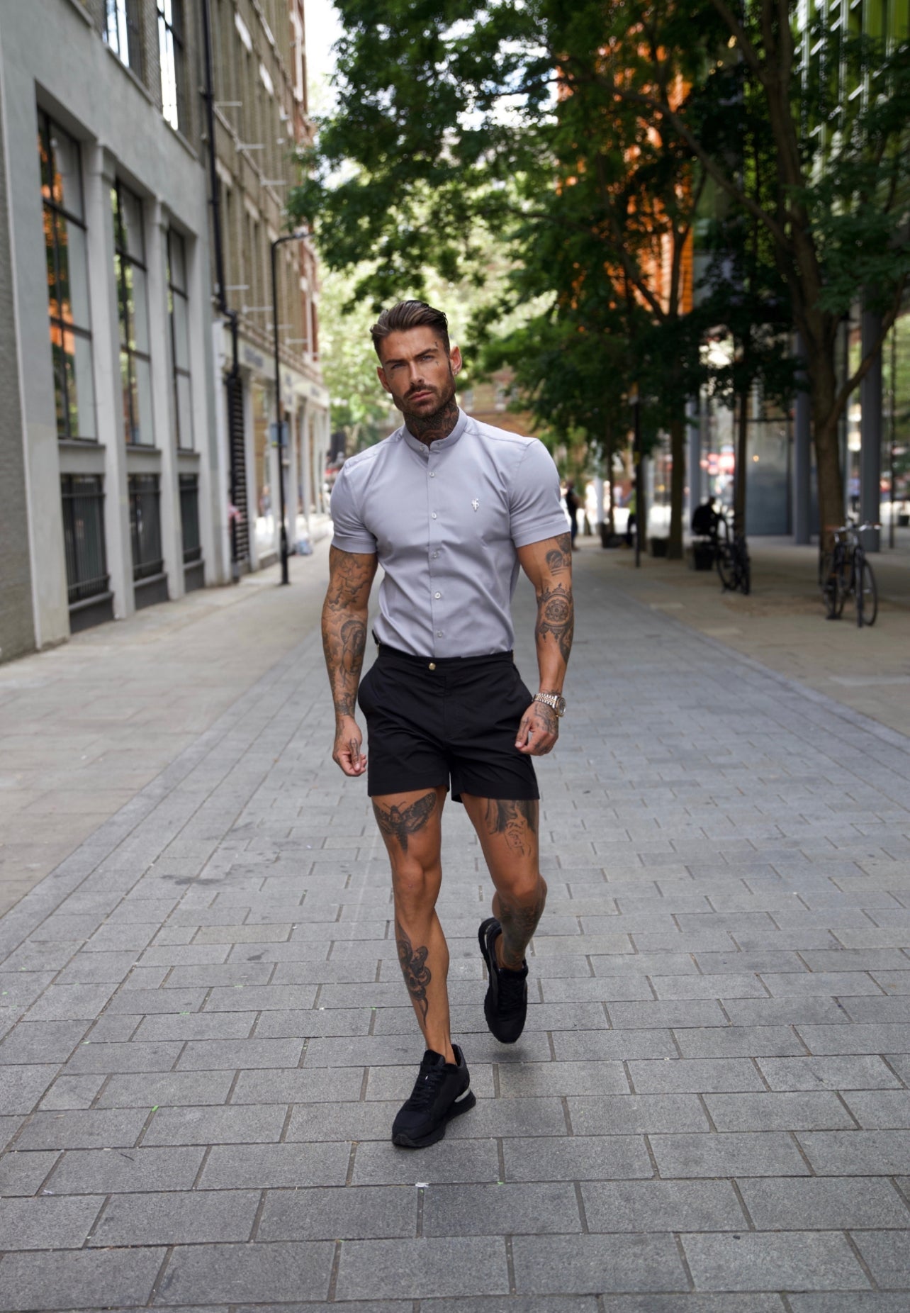 Super Slim Stretch Grey Denim Short Sleeve With Grandad Collar and Silver Metal Buttons and Decal - FS963