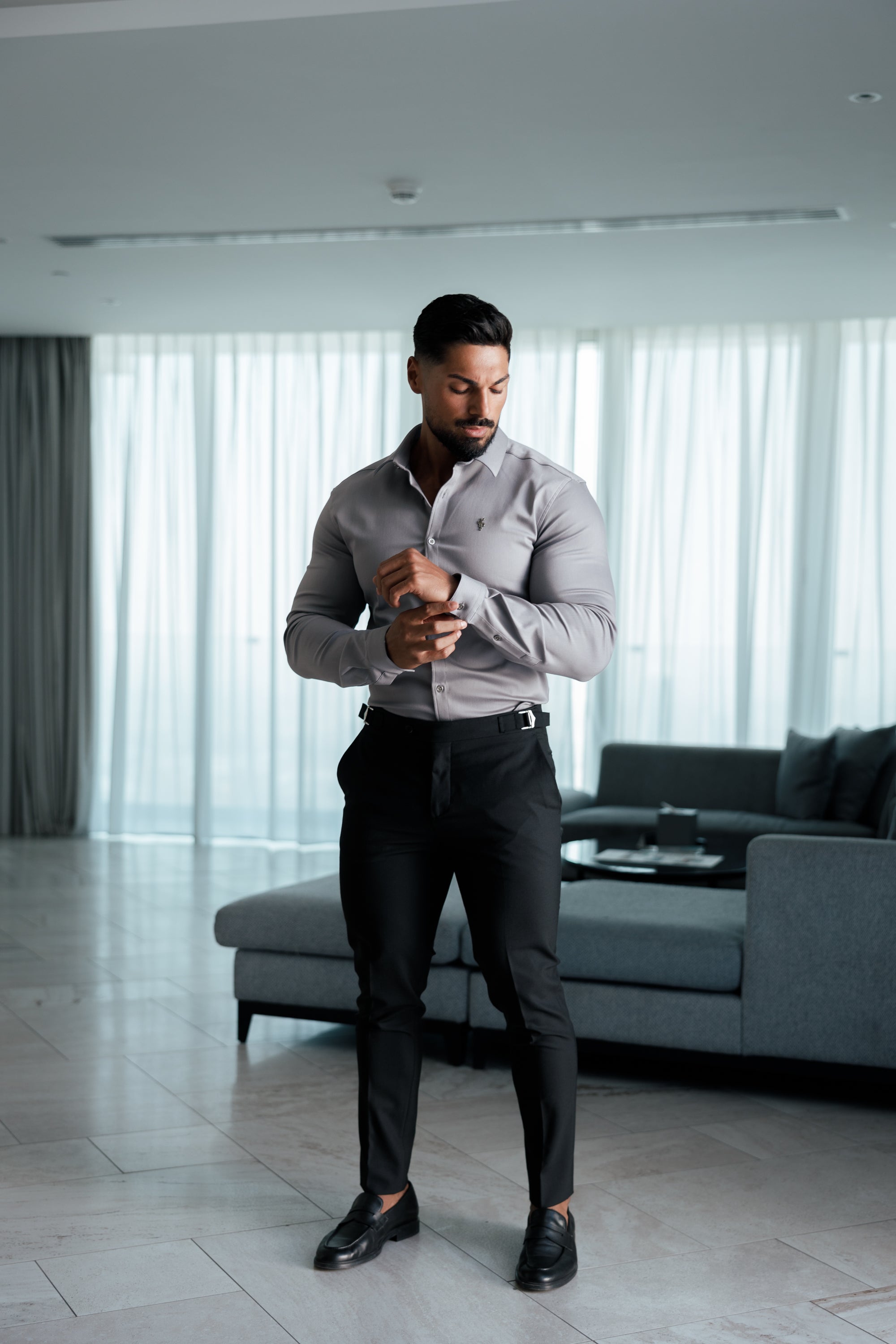 Slim Formal Black Stretch Trousers With Silver Waist Adjusters - FST035