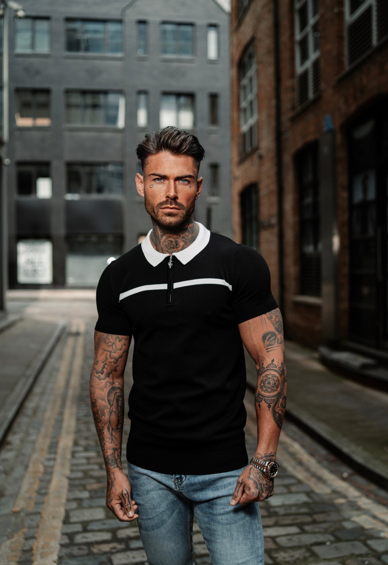 Classic Black / White Horizontal Stripe Zipped Polo Short Sleeve - FSN038