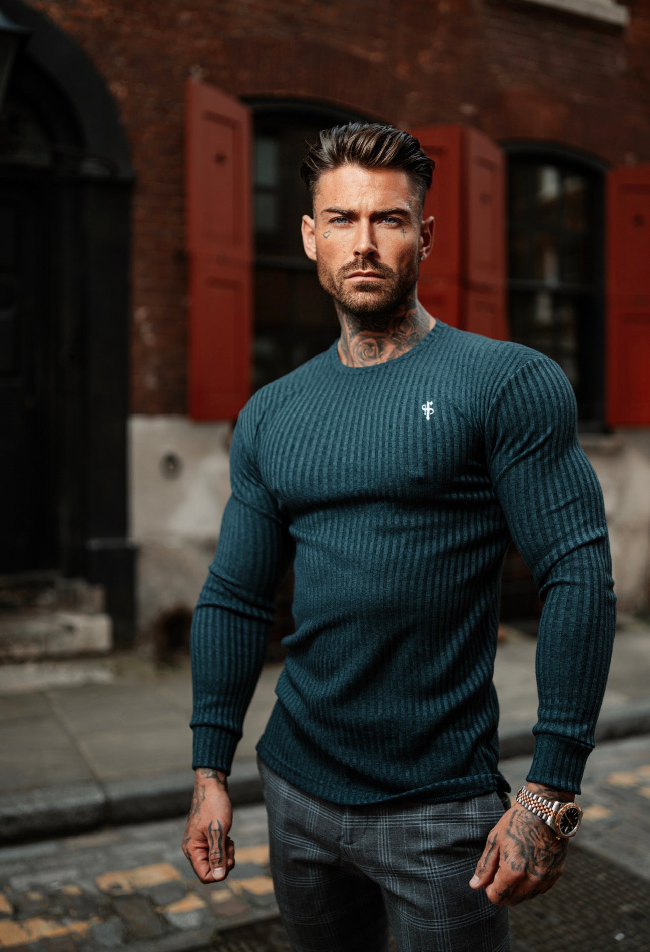 Classic Forest Green / White Ribbed Knit Super Slim Crew Jumper - FSH794