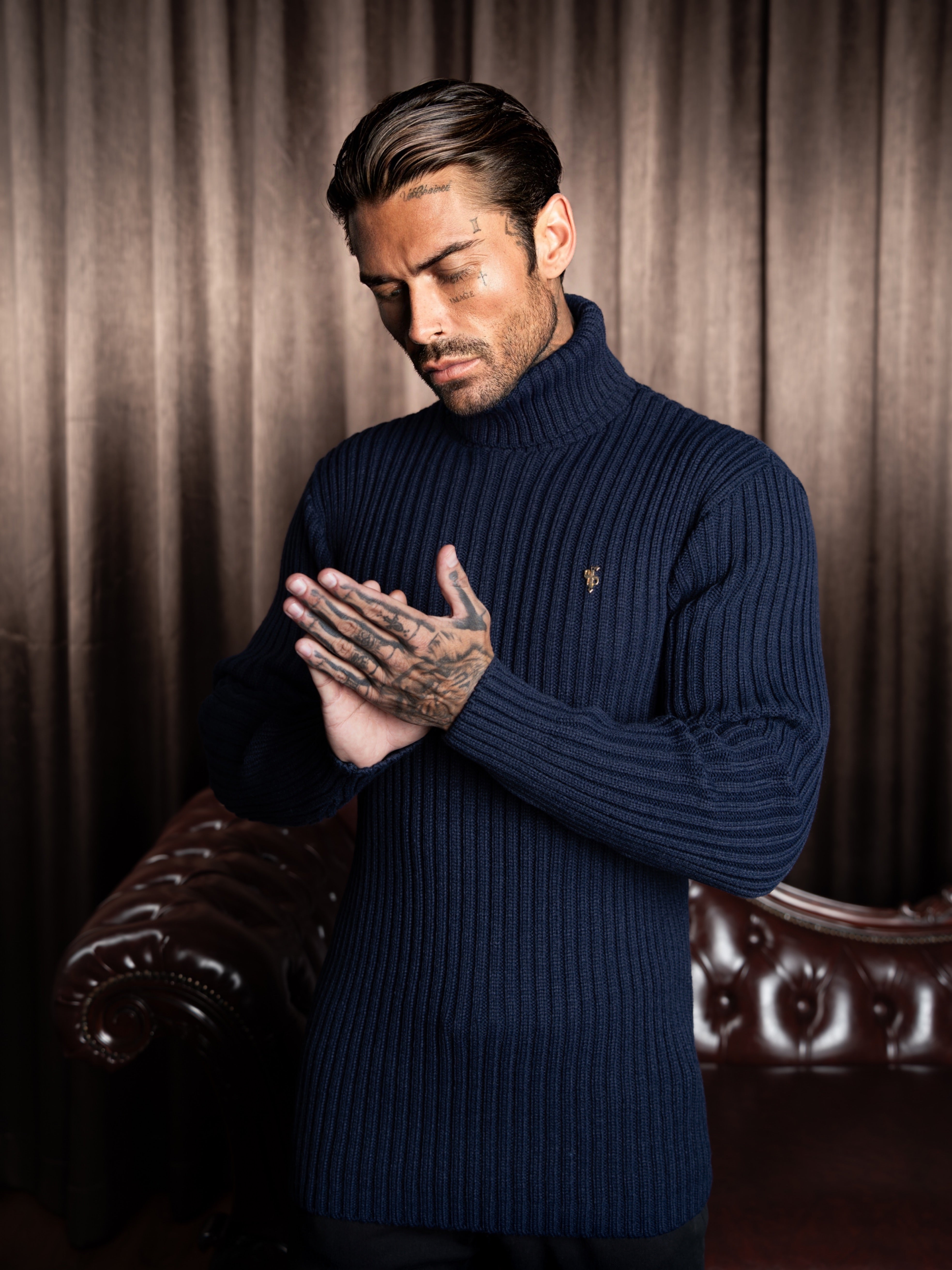 Ribbed Knit Navy Roll Neck Jumper - FSJ115
