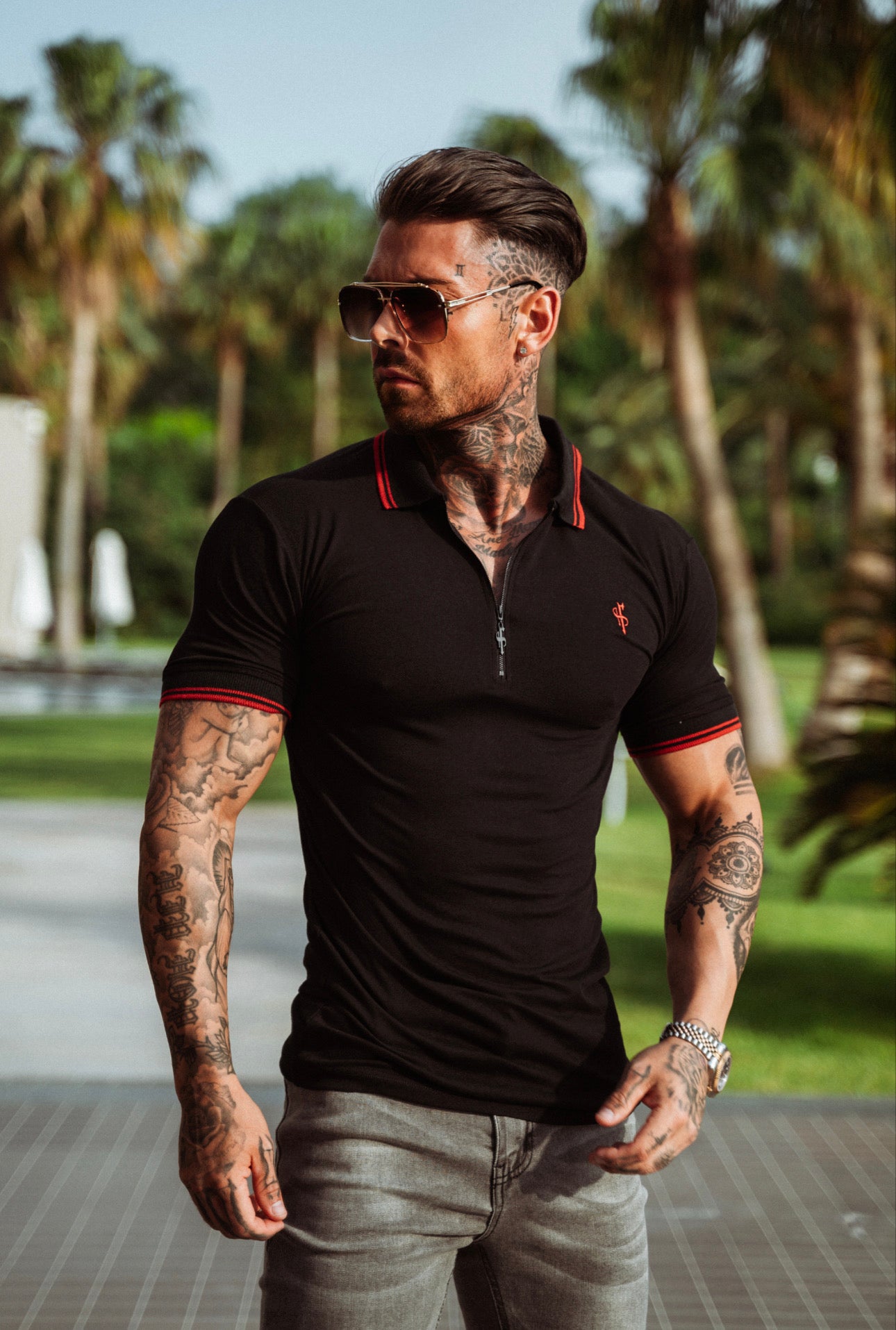 Classic Black / Red Collar and Sleeve Contrast Polo Short Sleeve - FSH619