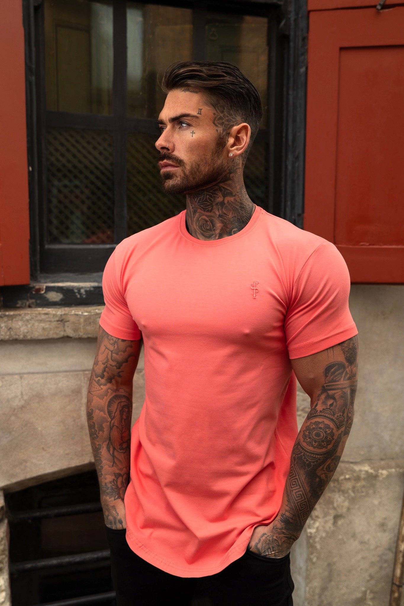 Classic Coral Tonal Curved Hem Crew T Shirt - FSH991