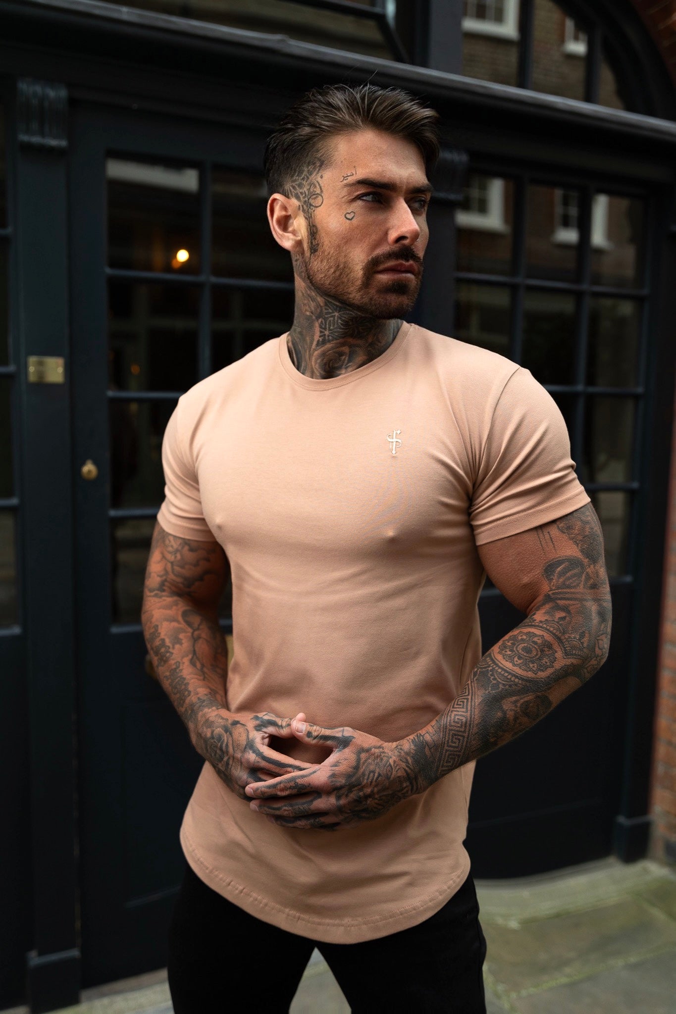 Classic Coffee Tonal Curved Hem Crew T Shirt - FSH992