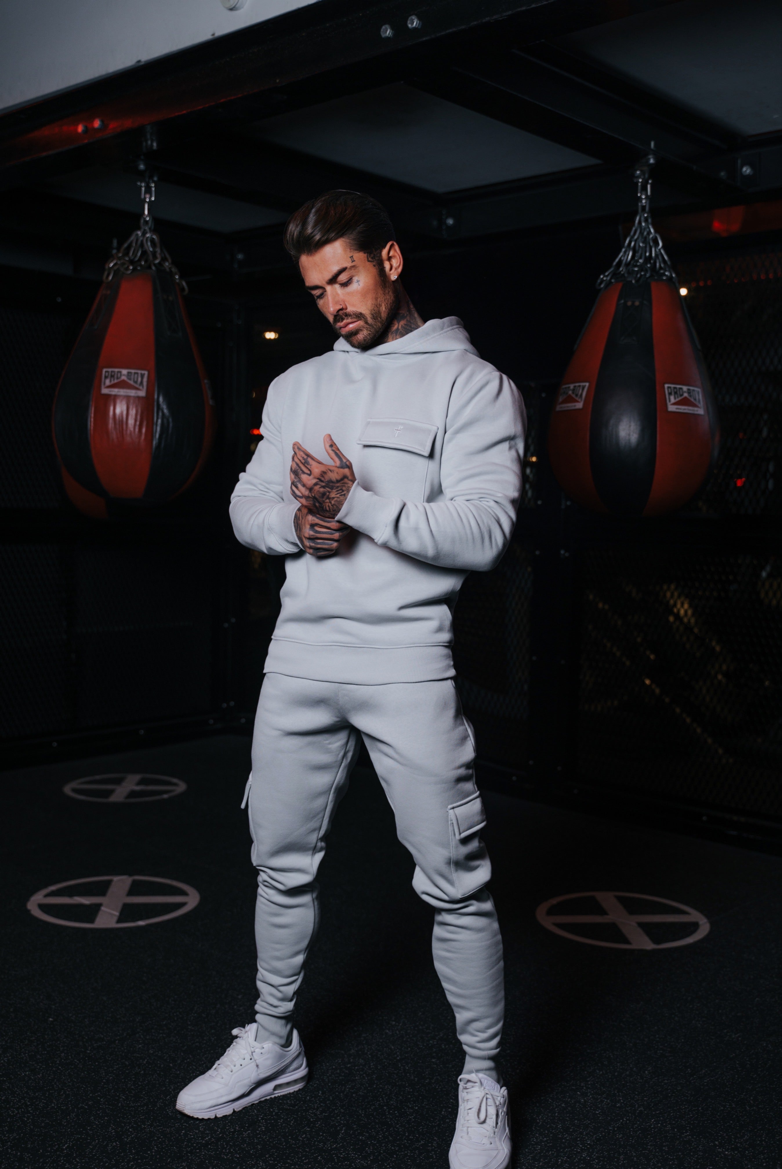 Light Grey Cargo Tracksuit Bottoms With Pockets, Cuffed Hem and FS Embroidery - FSH936