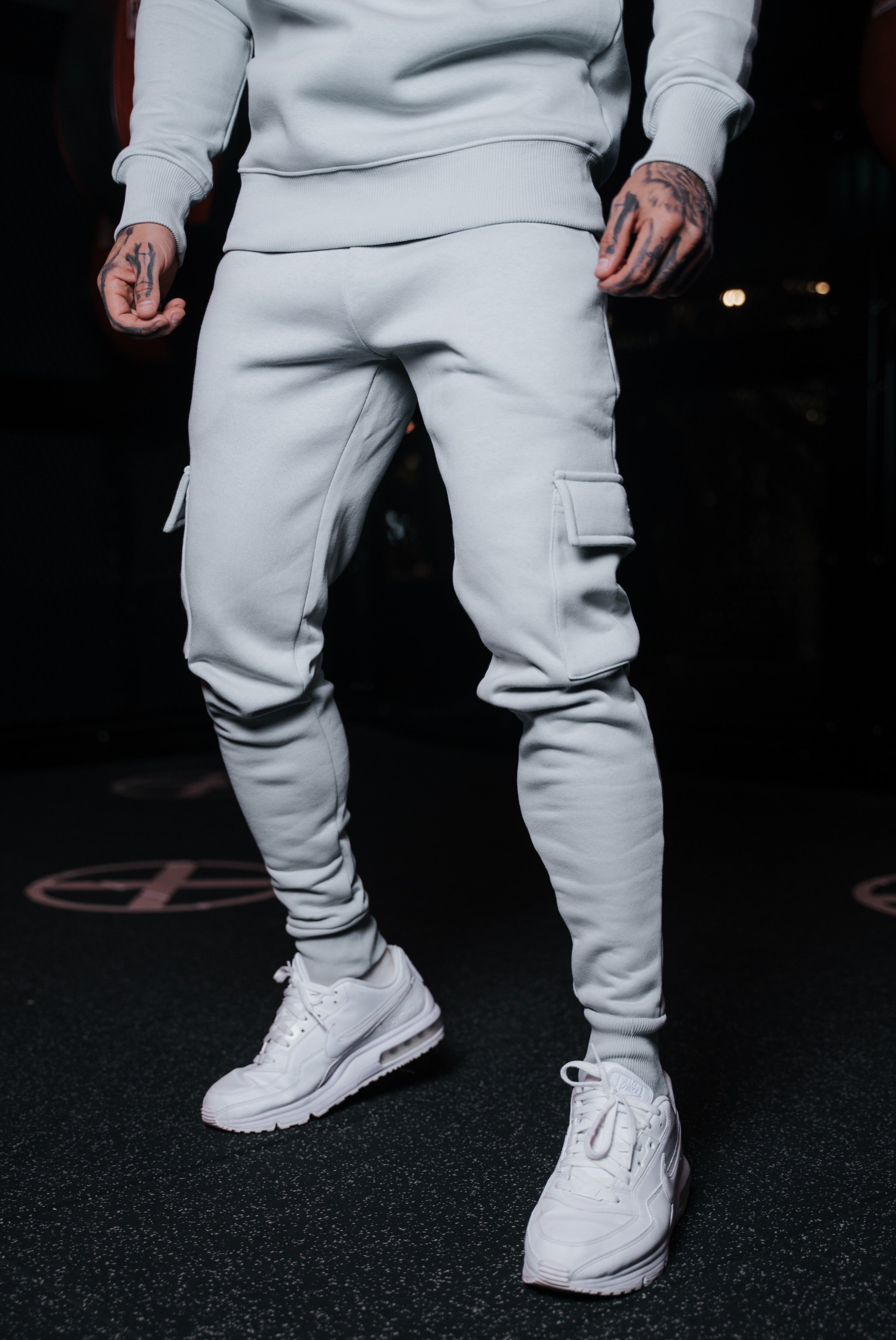 Light Grey Cargo Tracksuit Bottoms With Pockets, Cuffed Hem and FS Embroidery - FSH936