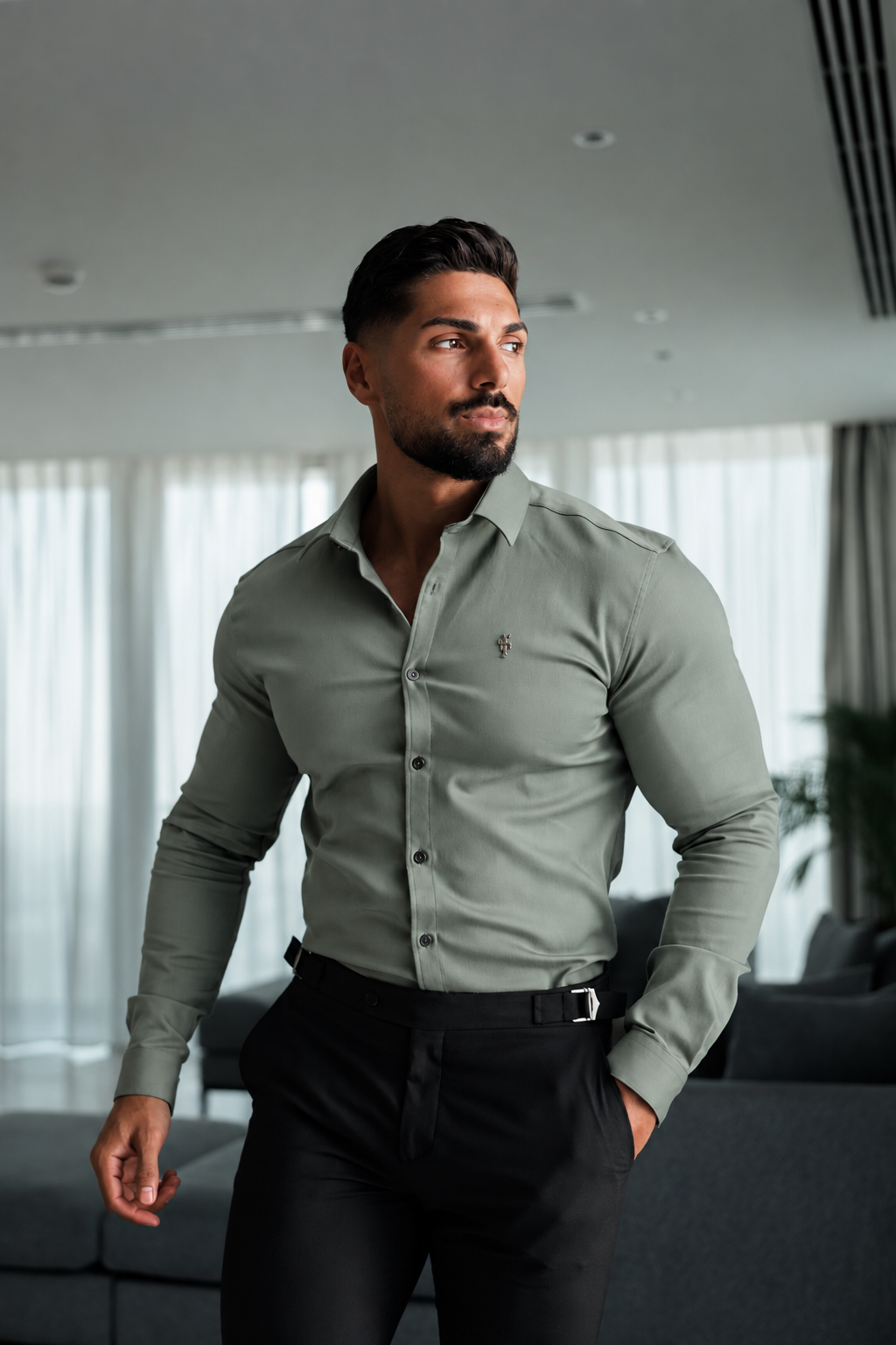 Super Slim Stretch Sage Green Denim Long Sleeve with Silver Metal Decal and Cutaway Collar - FS1318 (PRE ORDER 22ND OCTOBER)