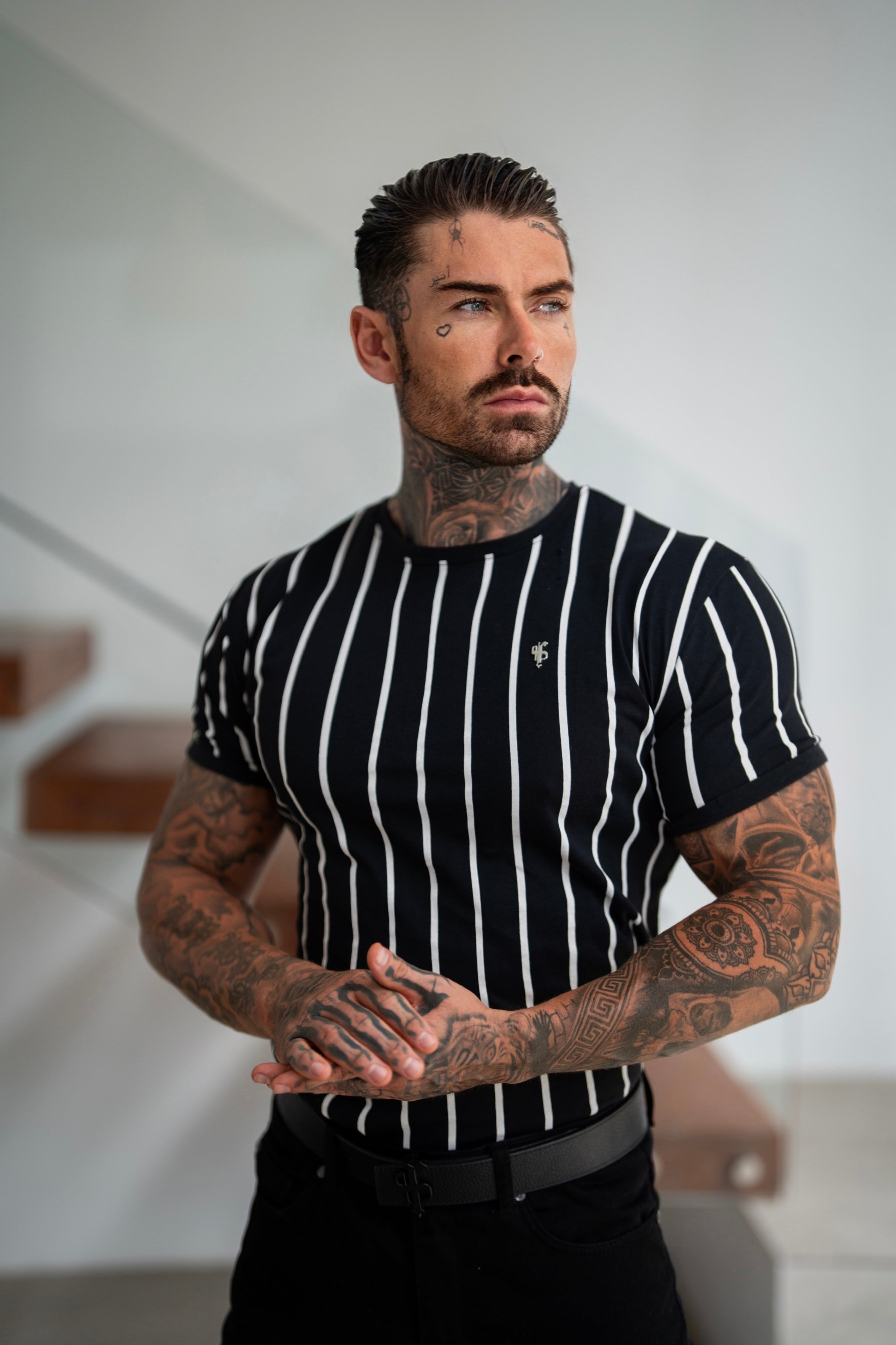 Printed Black / White Stripe Fitted T Shirt - FSH1167