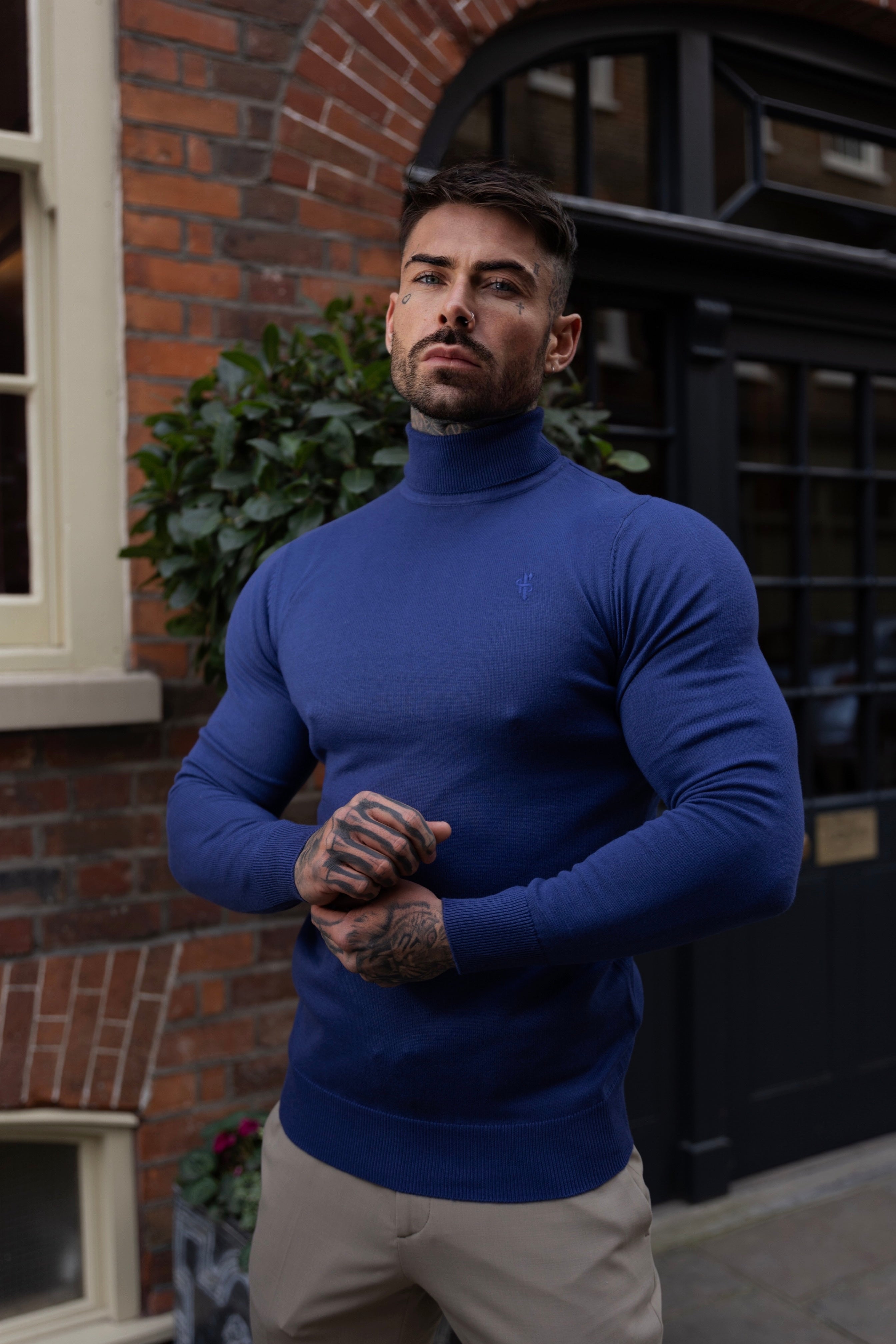 Classic Ocean Blue Roll Neck Knitted Jumper With Tonal Emblem - FSN136