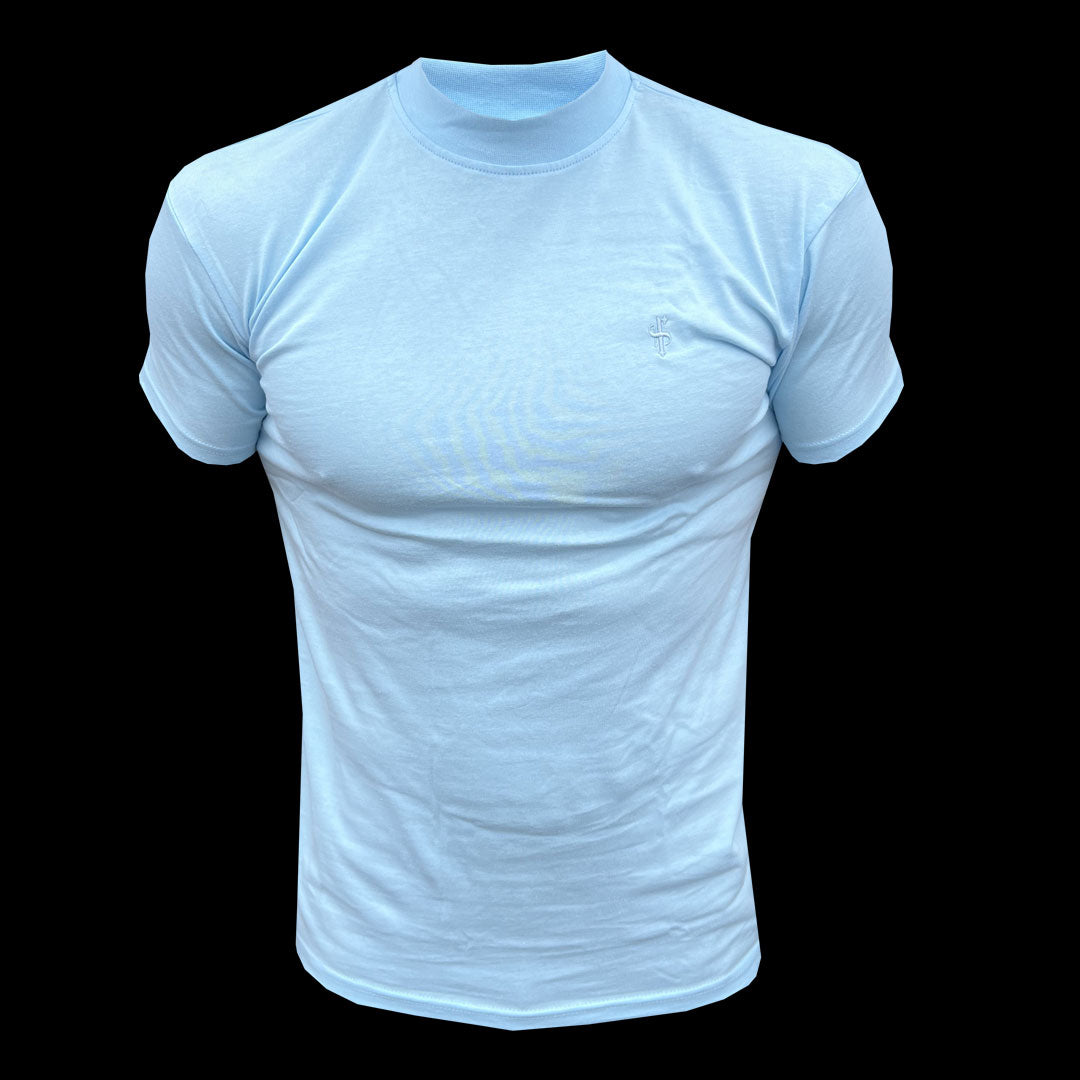 Ribbed High Neck Crew Short Sleeve Baby Blue - FSH1136
