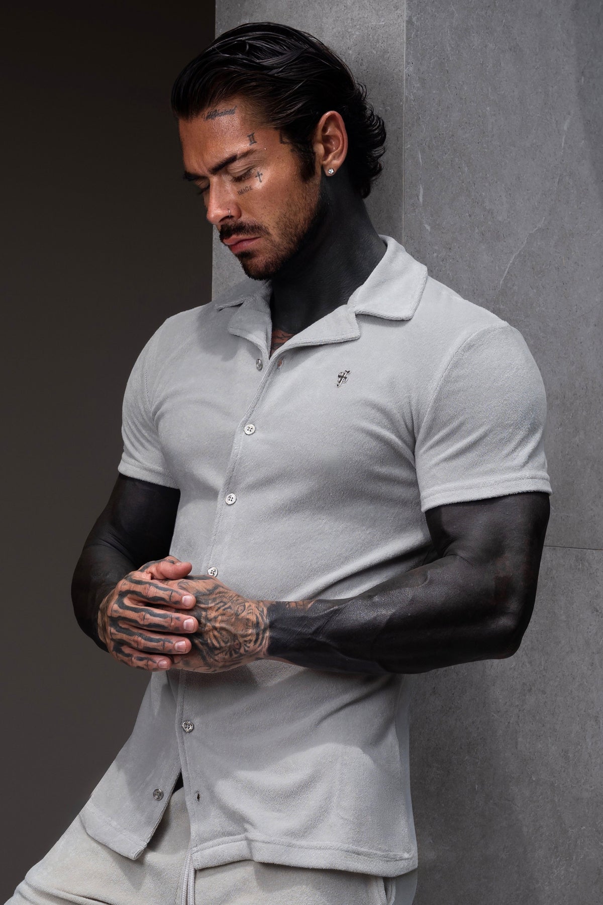 Light Grey Towelling Revere Shirt Short Sleeve - FSH1497