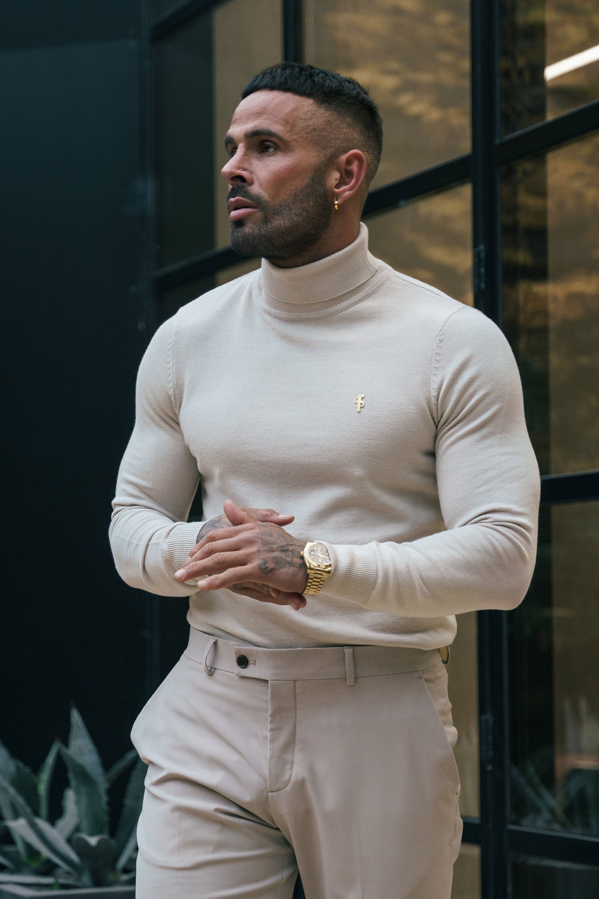 Beige Roll Neck Knitted Jumper With FS Branding - FSN204