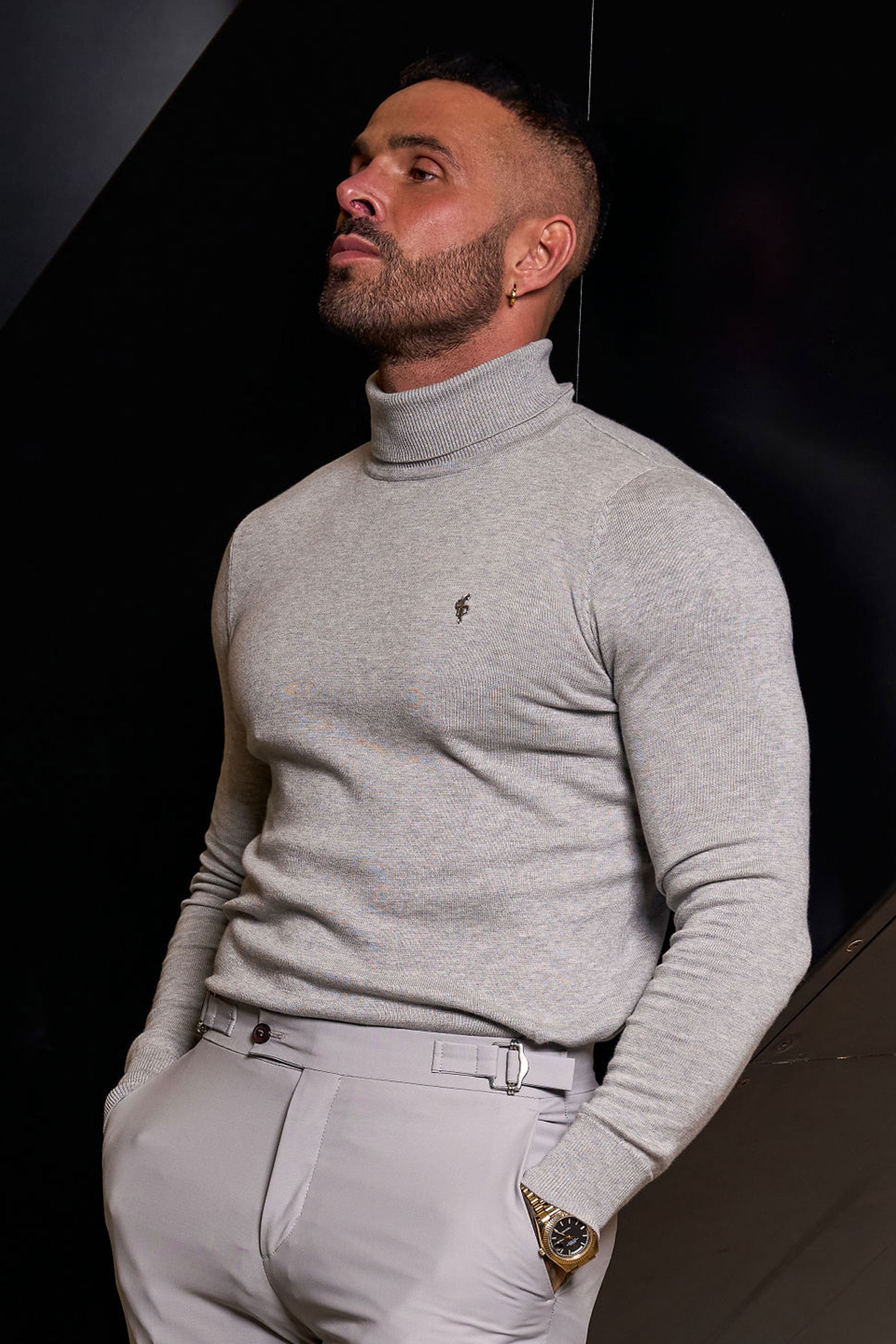 Light Grey Roll Neck Knitted Jumper With FS Branding - FSN208