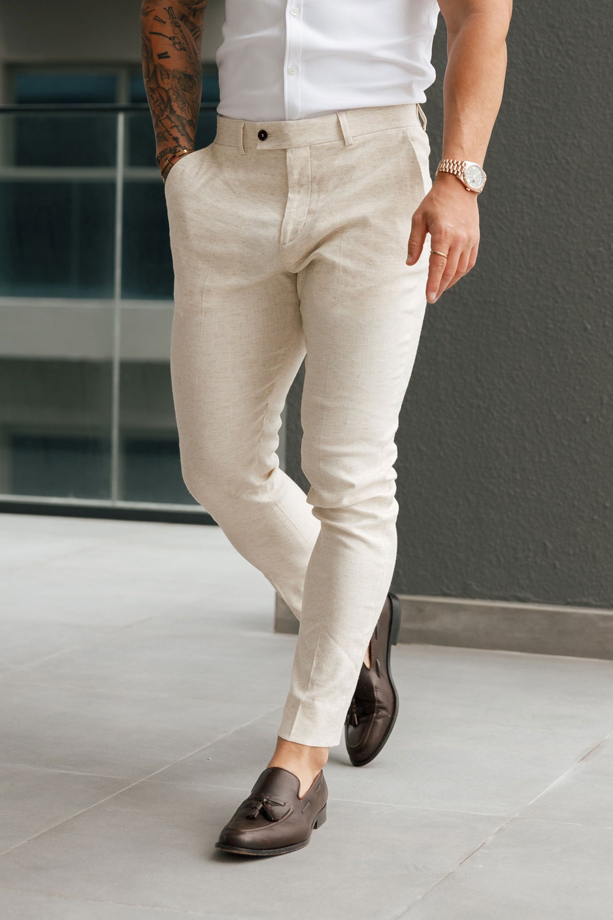 Slim Formal Cream Linen Trousers With Belt Loops - FST019