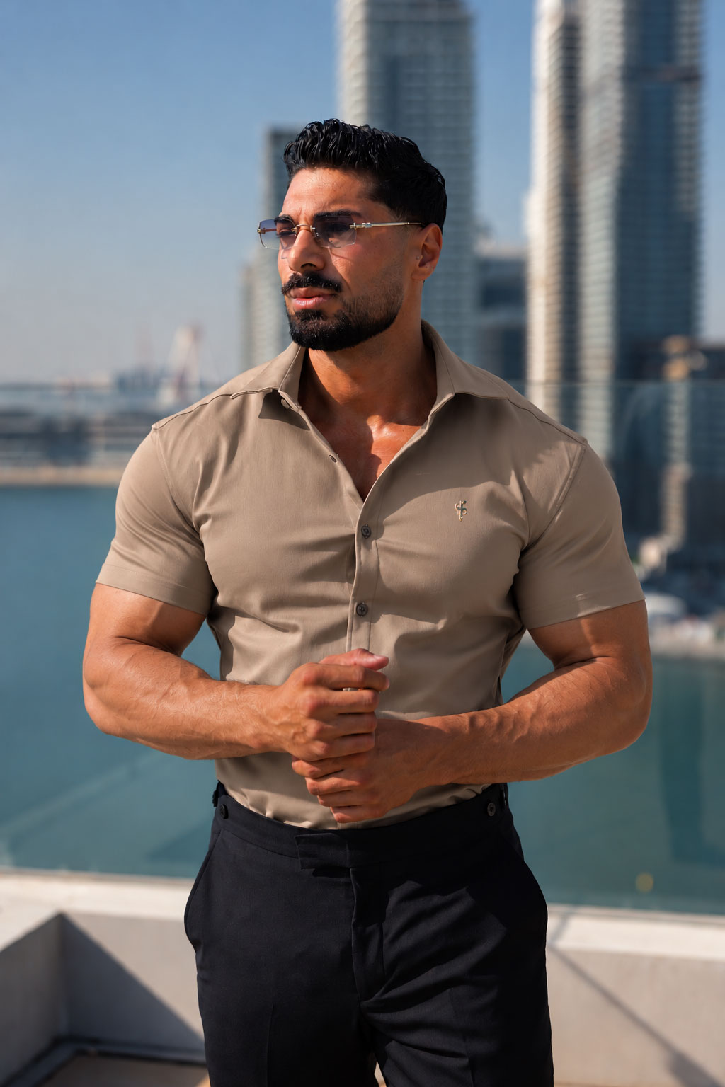 Super Slim Stretch Taupe Denim Short Sleeve with Gold Metal Decal and Cutaway Collar - FS1328 (PRE ORDER 12TH NOVEMBER)