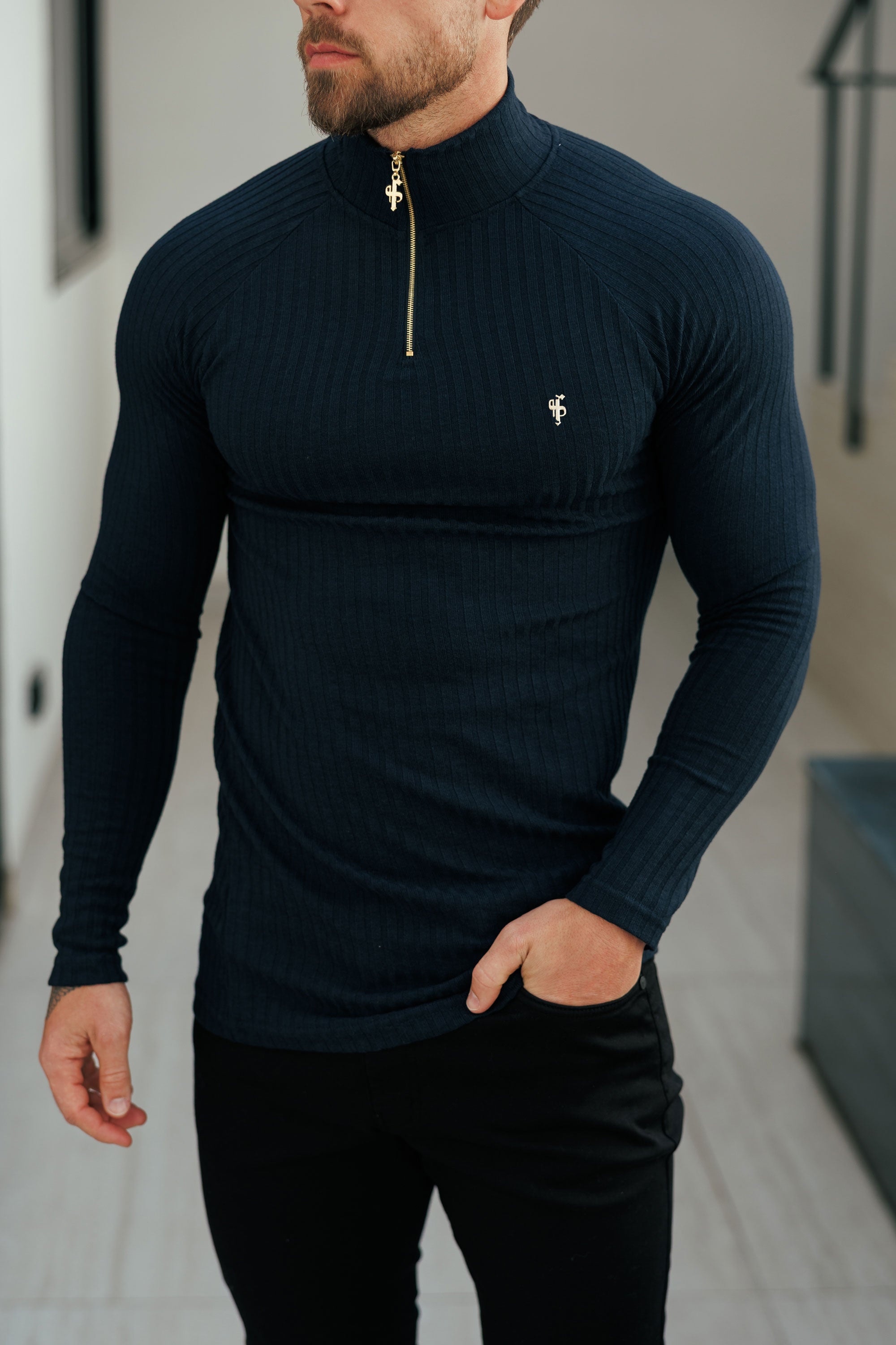 Super Slim Navy Ribbed Zip Funnel Neck Raglan Long Sleeve Crew - FSH1296