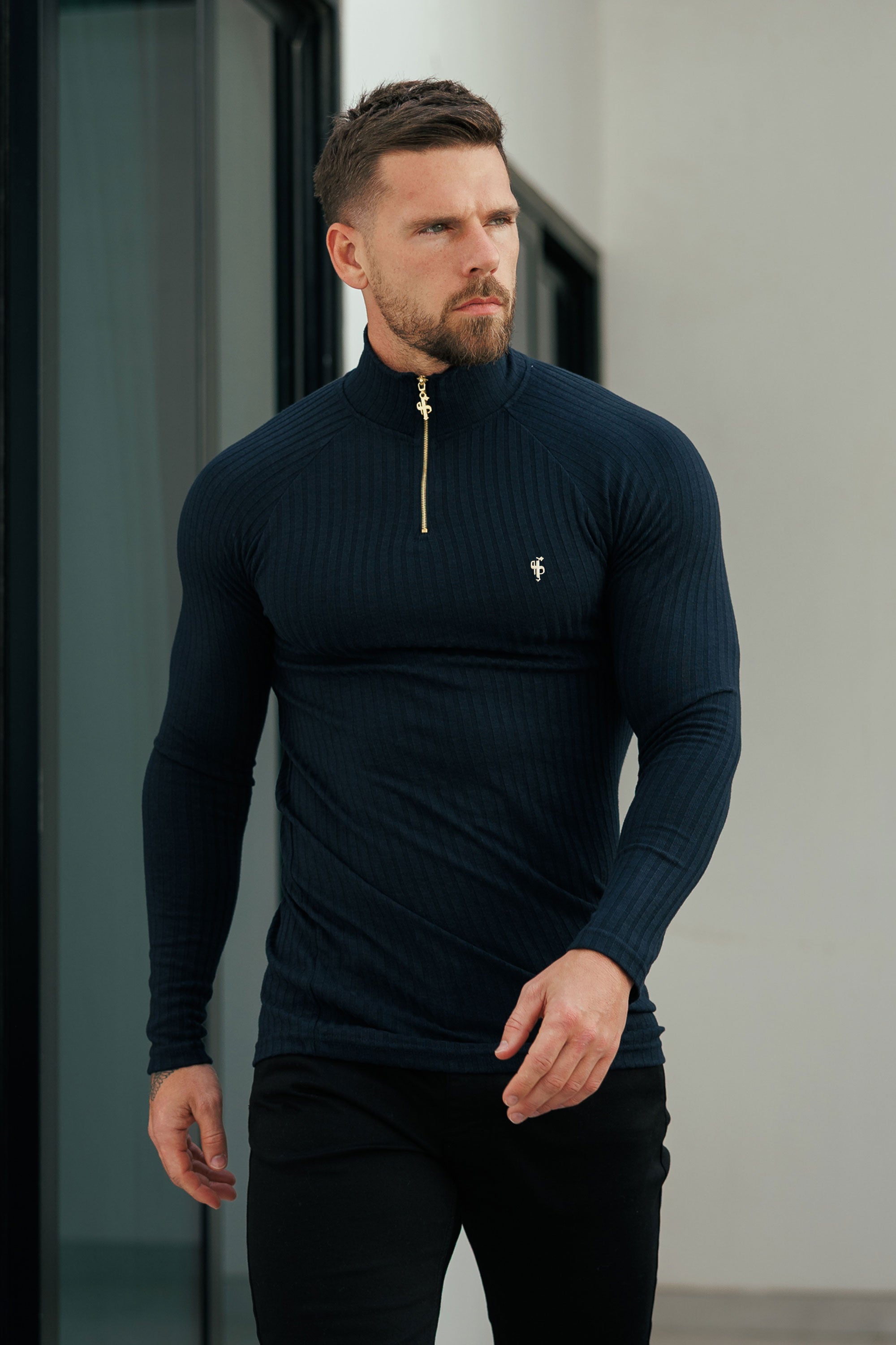 Super Slim Navy Ribbed Zip Funnel Neck Raglan Long Sleeve Crew - FSH1296