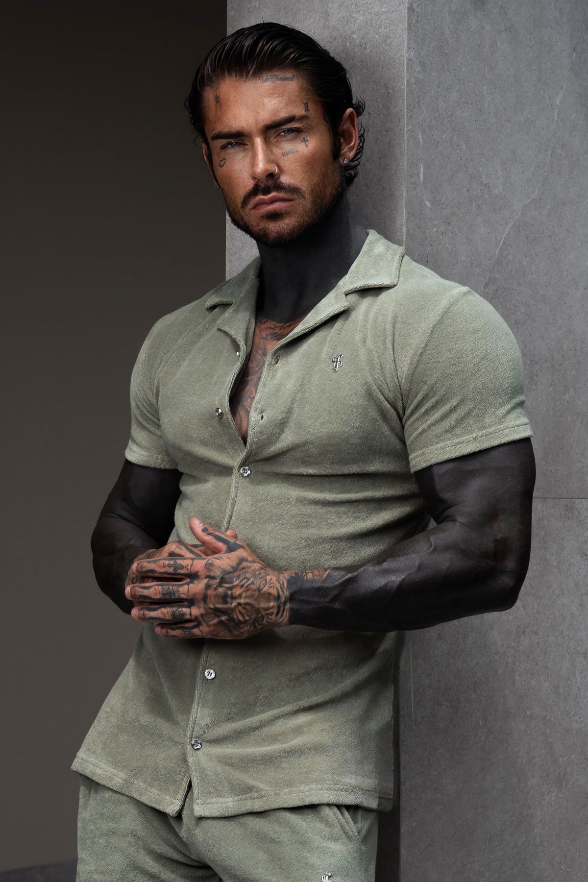 Beige Towelling Revere Shirt Short Sleeve - FSH1494