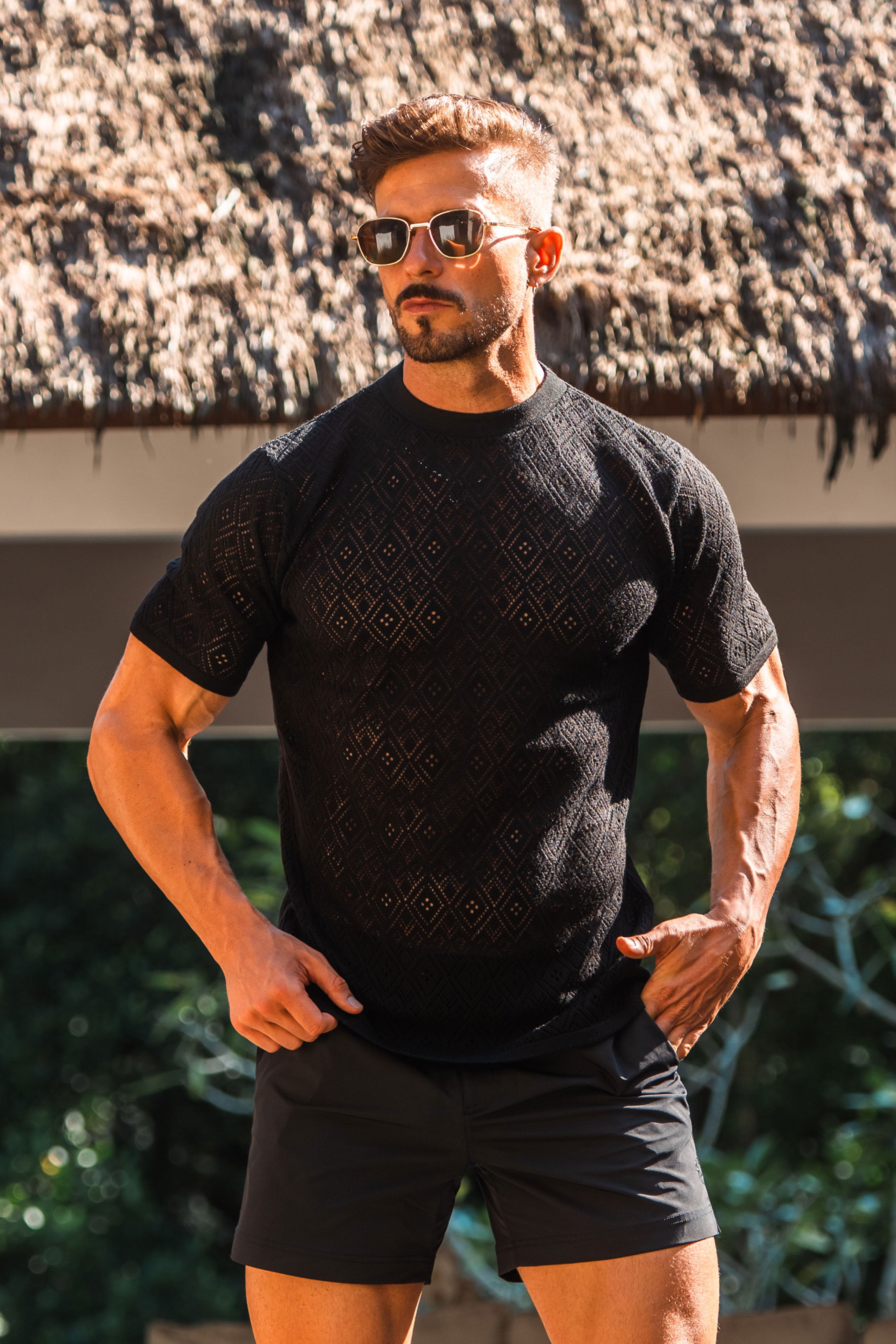 Crochet Crew T-Shirt Black Short Sleeve - FSJ085