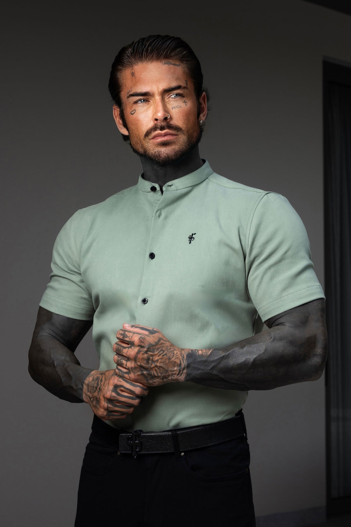Classic Stretch Khaki / Sage with Grandad Collar Short Sleeve - FS1258